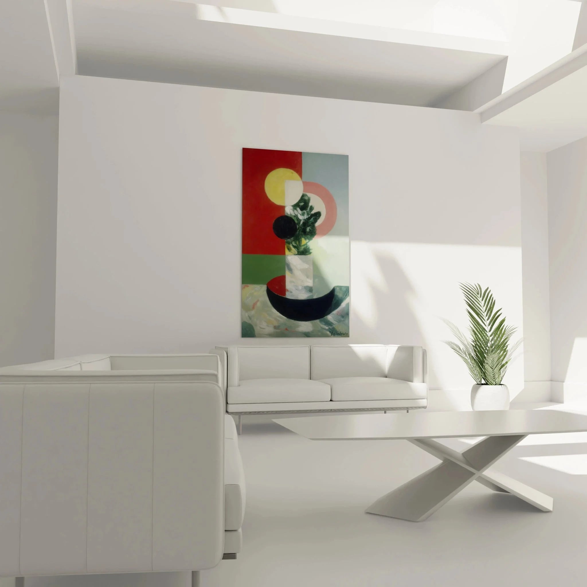 Detailansicht Wandbild Stillleben abstrakt - Vase mit Pflanzen und geometrische Formen in Dadaismus Art