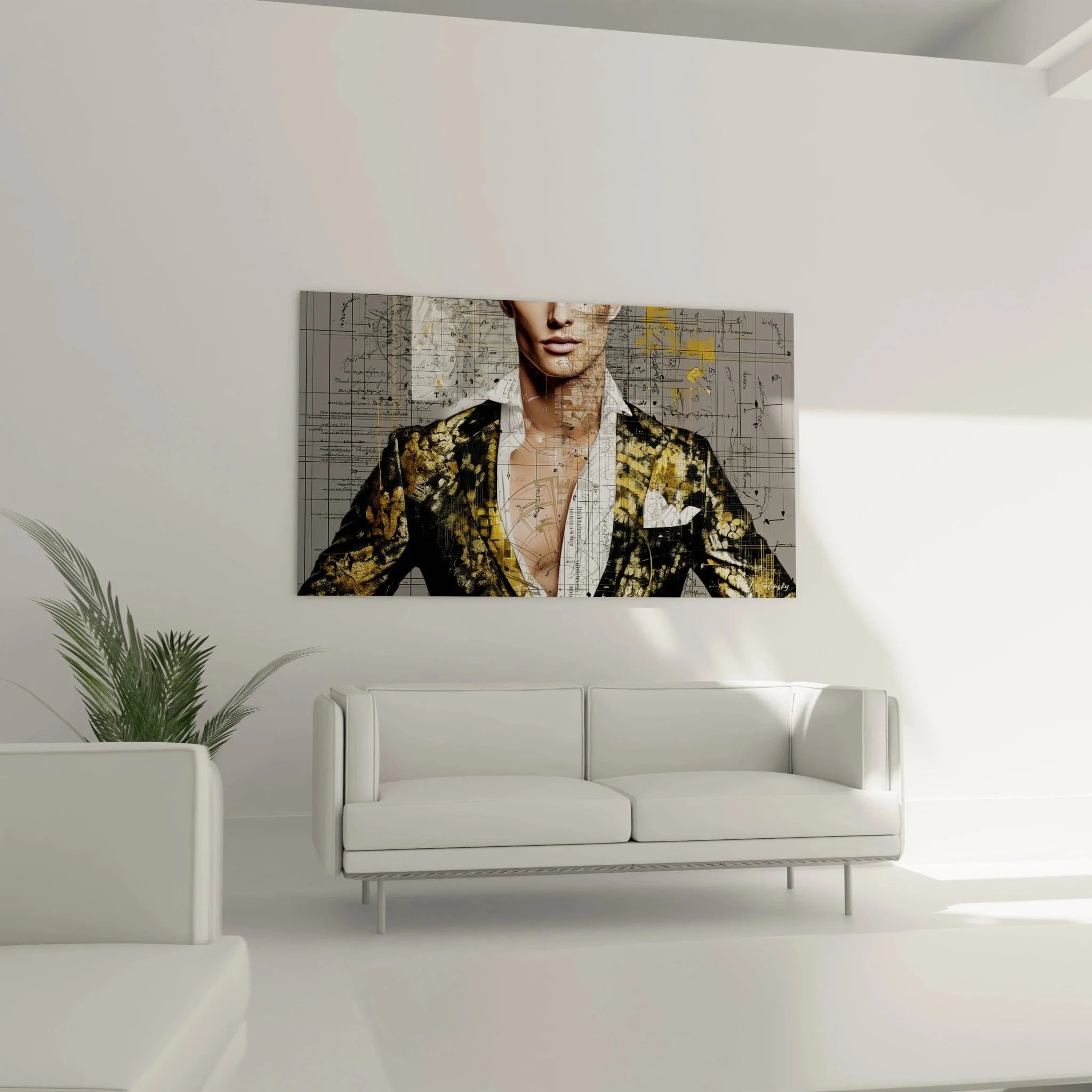 Detailansicht Wandbild stilvoller Mann mit wissenschaftlichen Formeln und goldenem Anzug