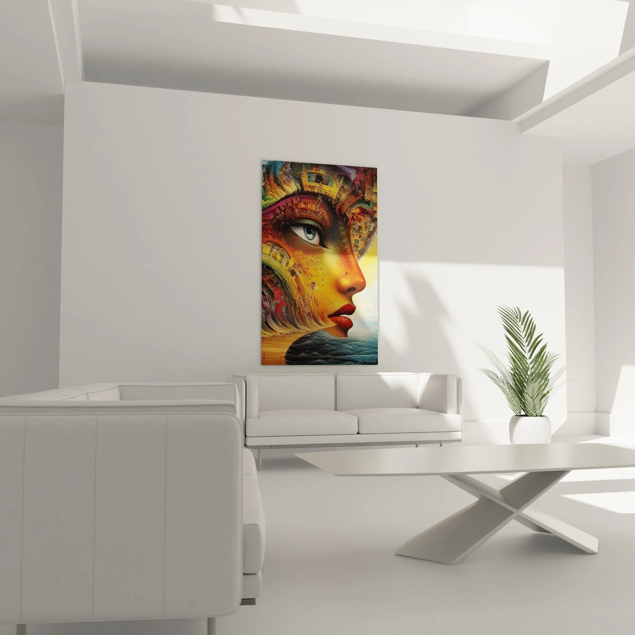 Detailansicht des surrealen Wandbildes zeigt komplexe Architektur und blaues Auge im Gesicht