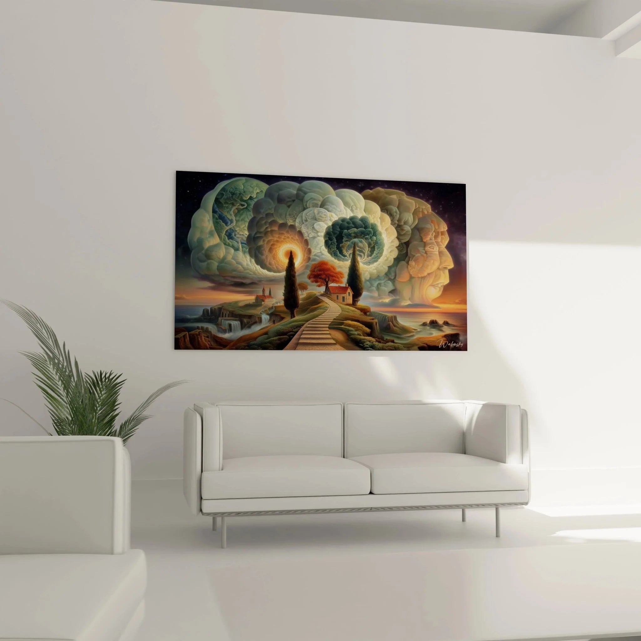 Detailansicht des surrealen Gehirn-Wolken Motivs mit Portal und mystischer Figur im Wandbild