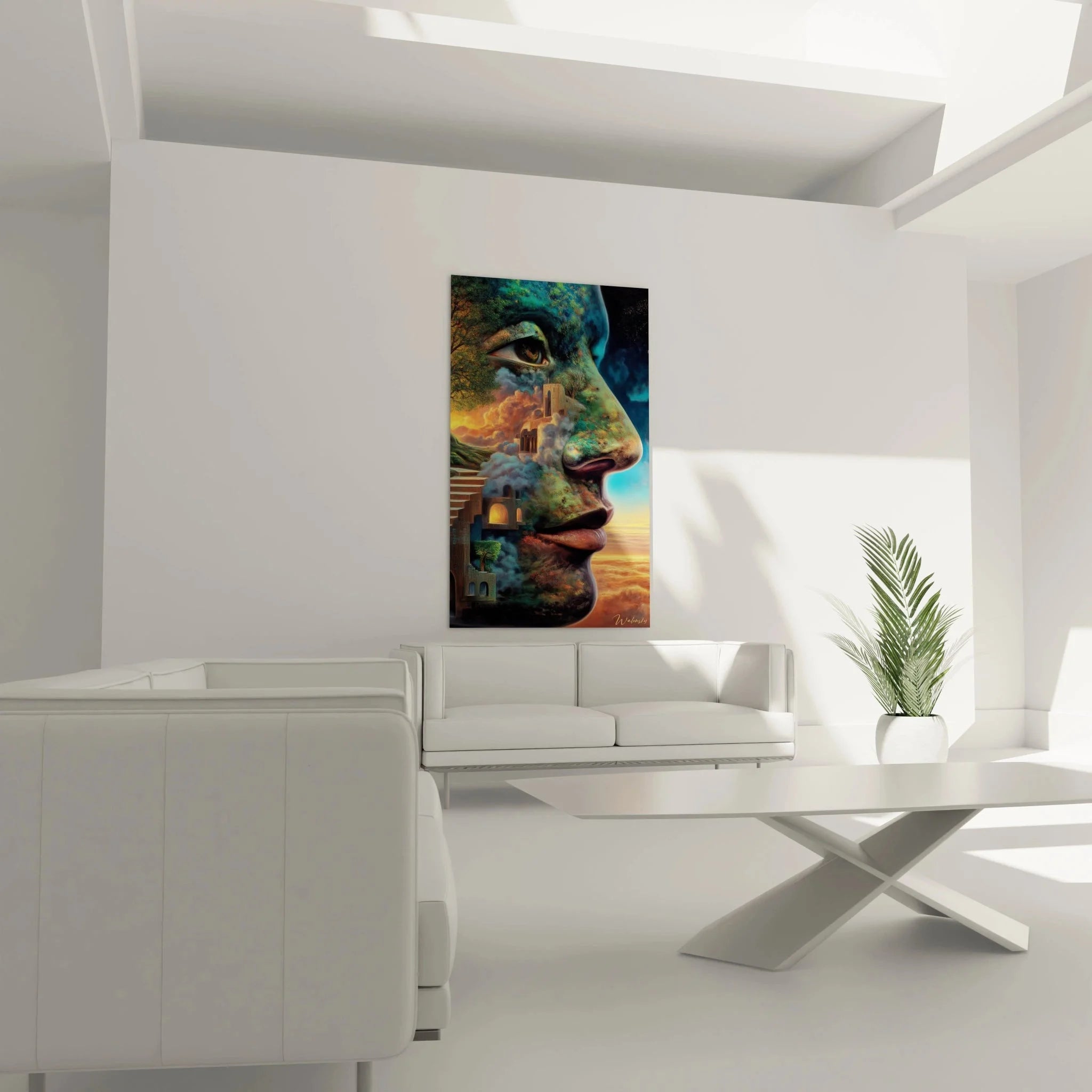 Detailaufnahme surrealistisches Wandbild zeigt Gesichtsprofil mit eingearbeiteten Wolken und Architektur