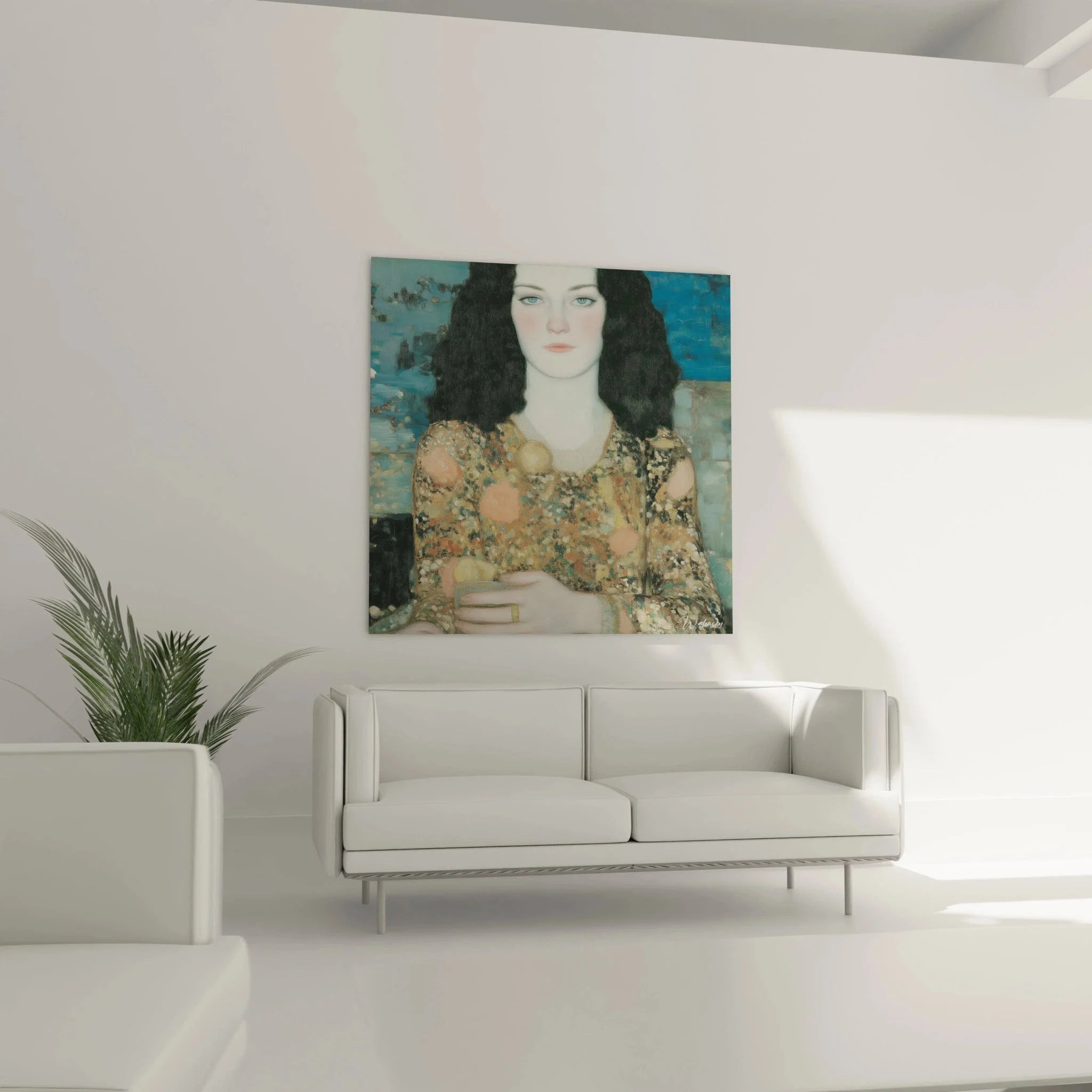 Detailansicht Wandbild Symbolismus zeigt florale Ornamente und intensive blaue Augen der porträtierten Frau