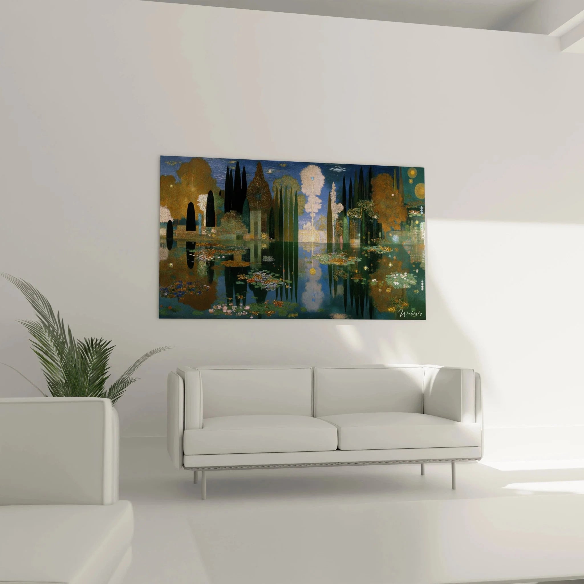 Detailansicht Wandbild Symbolismus Traumlandschaft mit goldenen Reflexionen und Seerosen