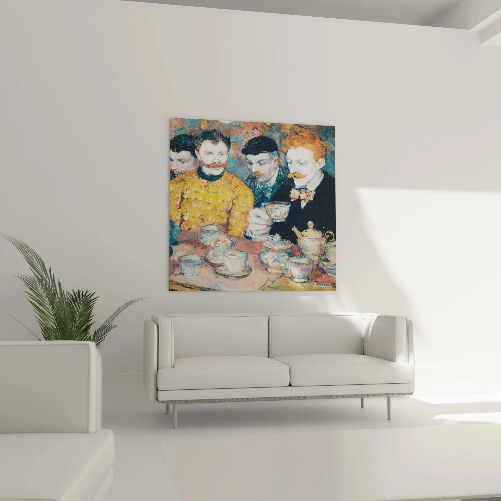 Detailansicht Wandbild Teegesellschaft mit markanten Gesichtszügen und Teeservice