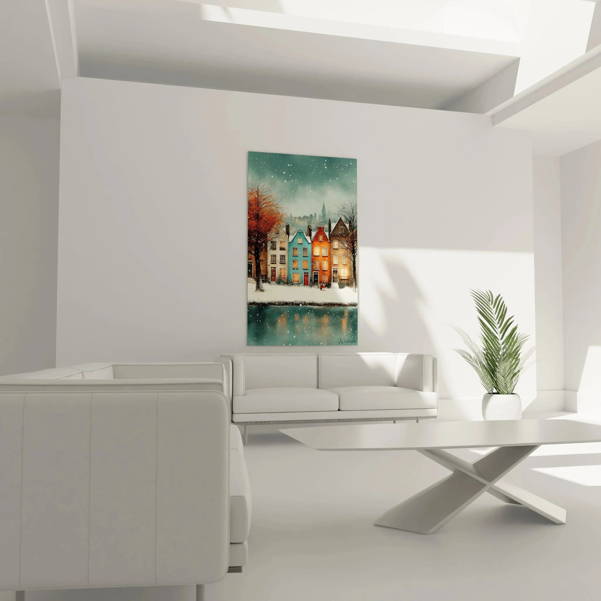 Detailansicht Wandbild verschneite Grachtenszene mit erleuchteten Fenstern Winter Kunstdruck