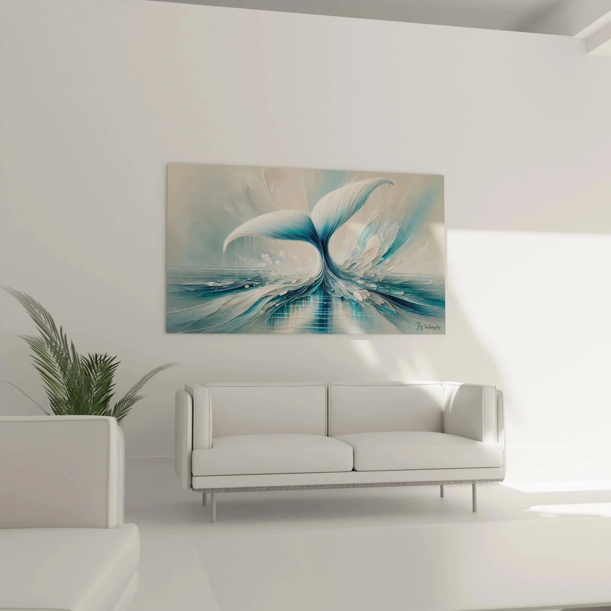 Detailansicht abstraktes Walfluke Wandbild mit kunstvollen Linien und türkisen Farbverläufen