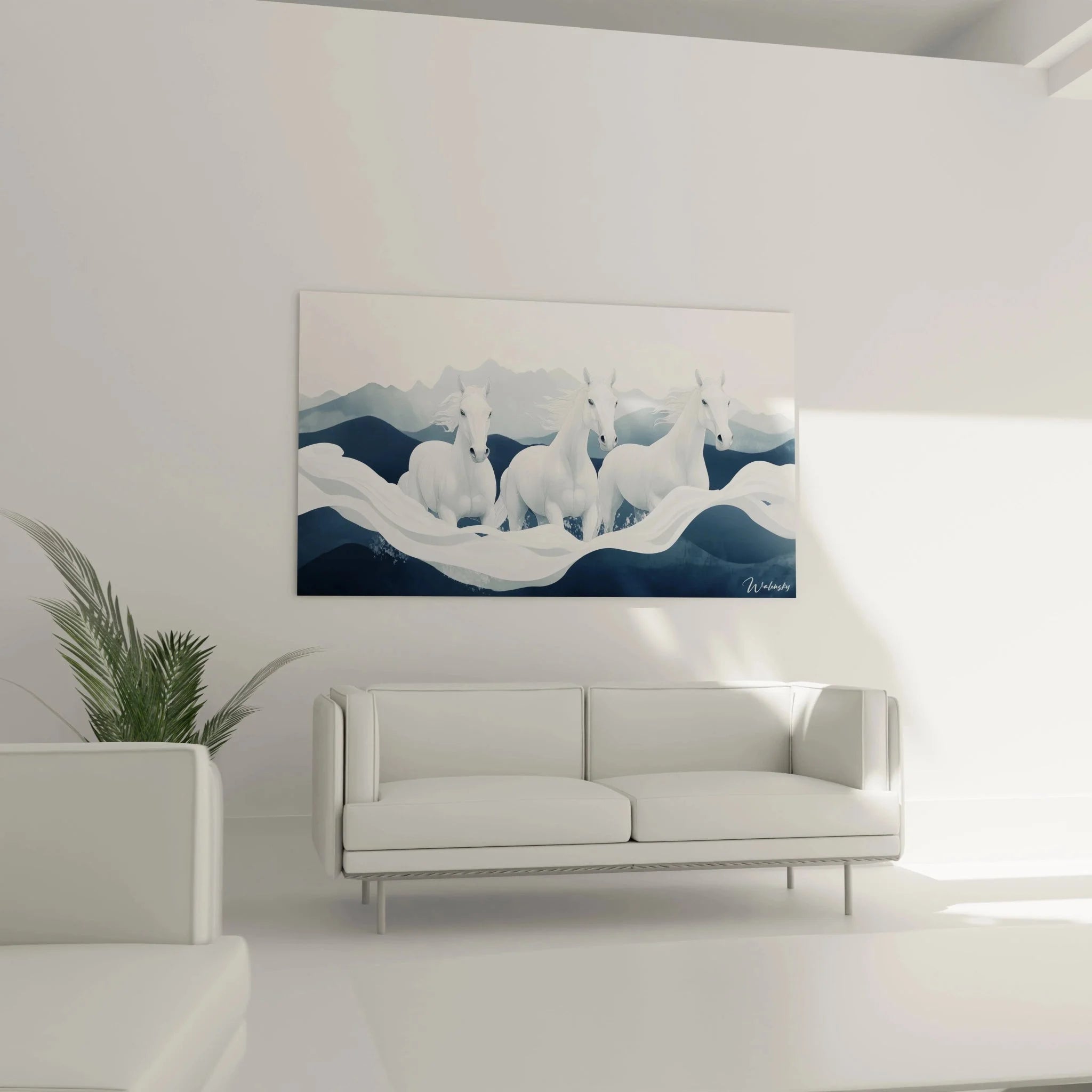 Detailansicht Wandbild majestätische weiße Pferde, künstlerische Pferdedarstellung