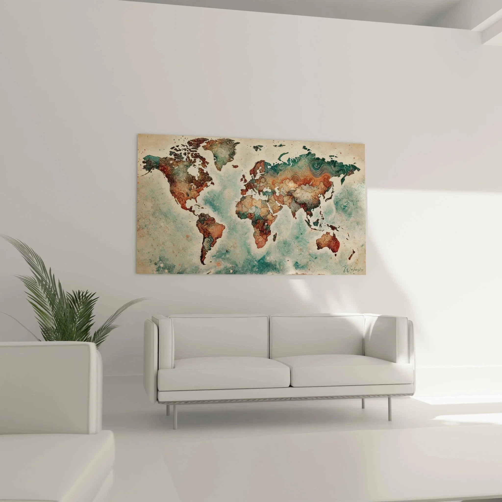 Detailansicht Wandbild Weltkarte zeigt kunstvolle Texturen und Muster der Kontinente in antiker Vintage Optik