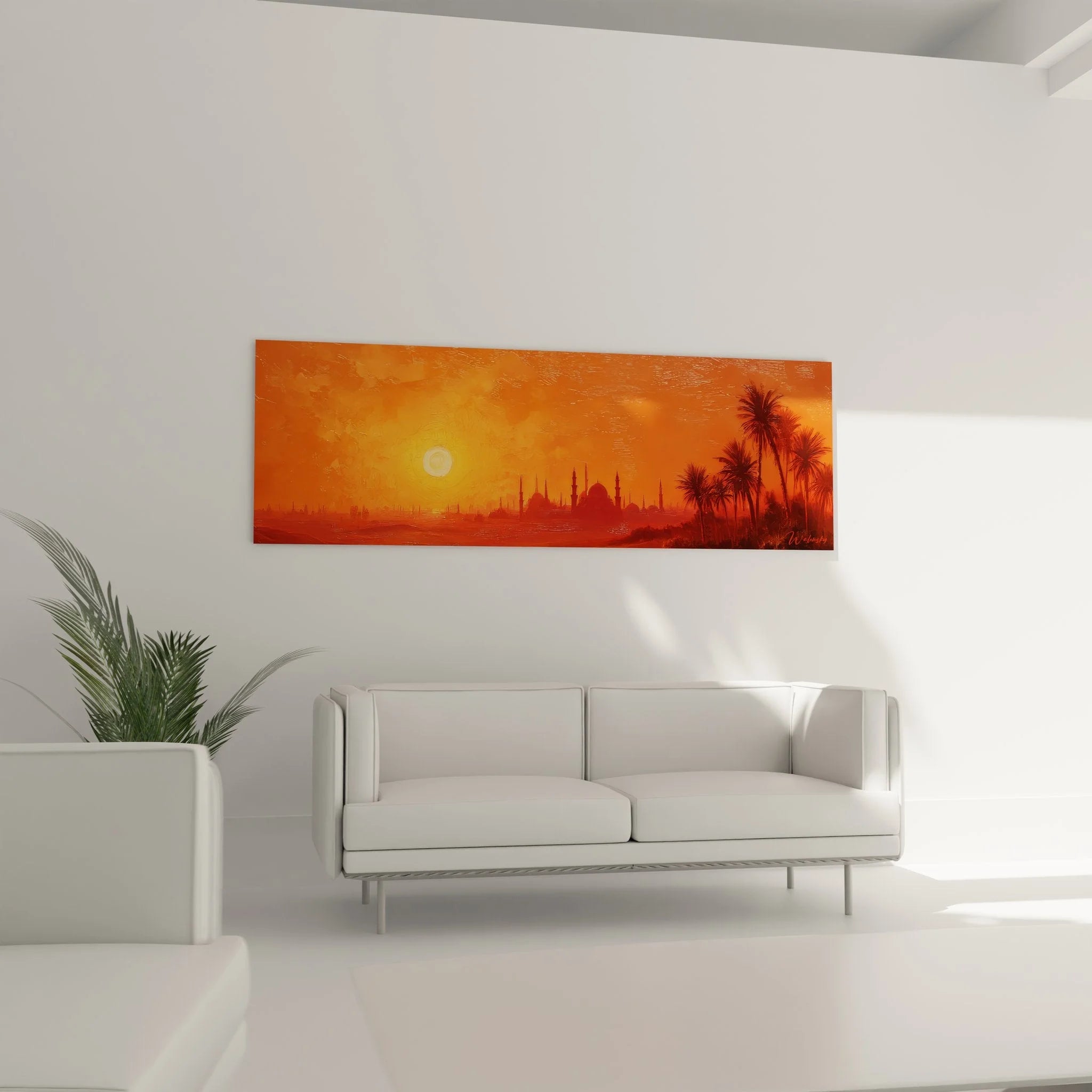 Detailansicht Wandbild orientalische Wüstenlandschaft mit Moschee Silhouette und Sonnenuntergang