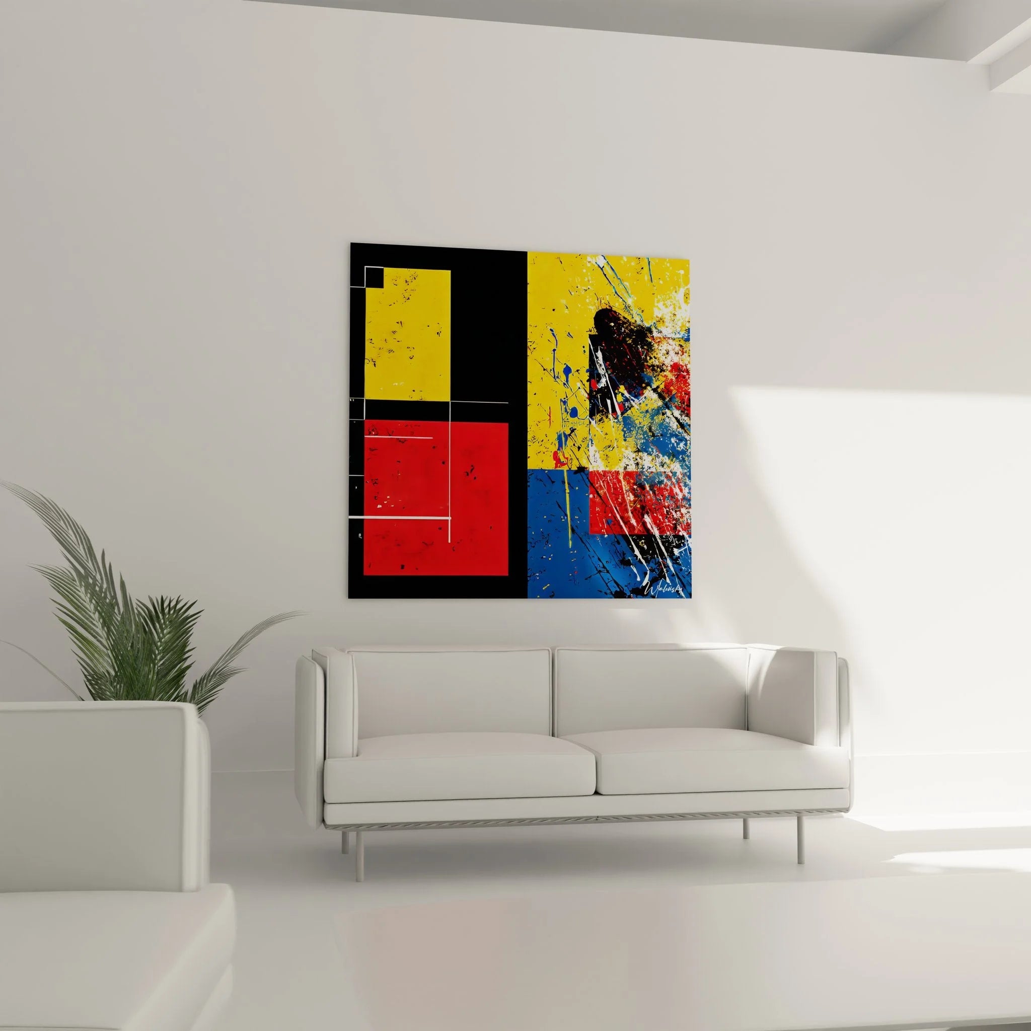 Detailansicht abstrakte geometrische Wandkunst mit Farbspritzern und geometrischen Formen