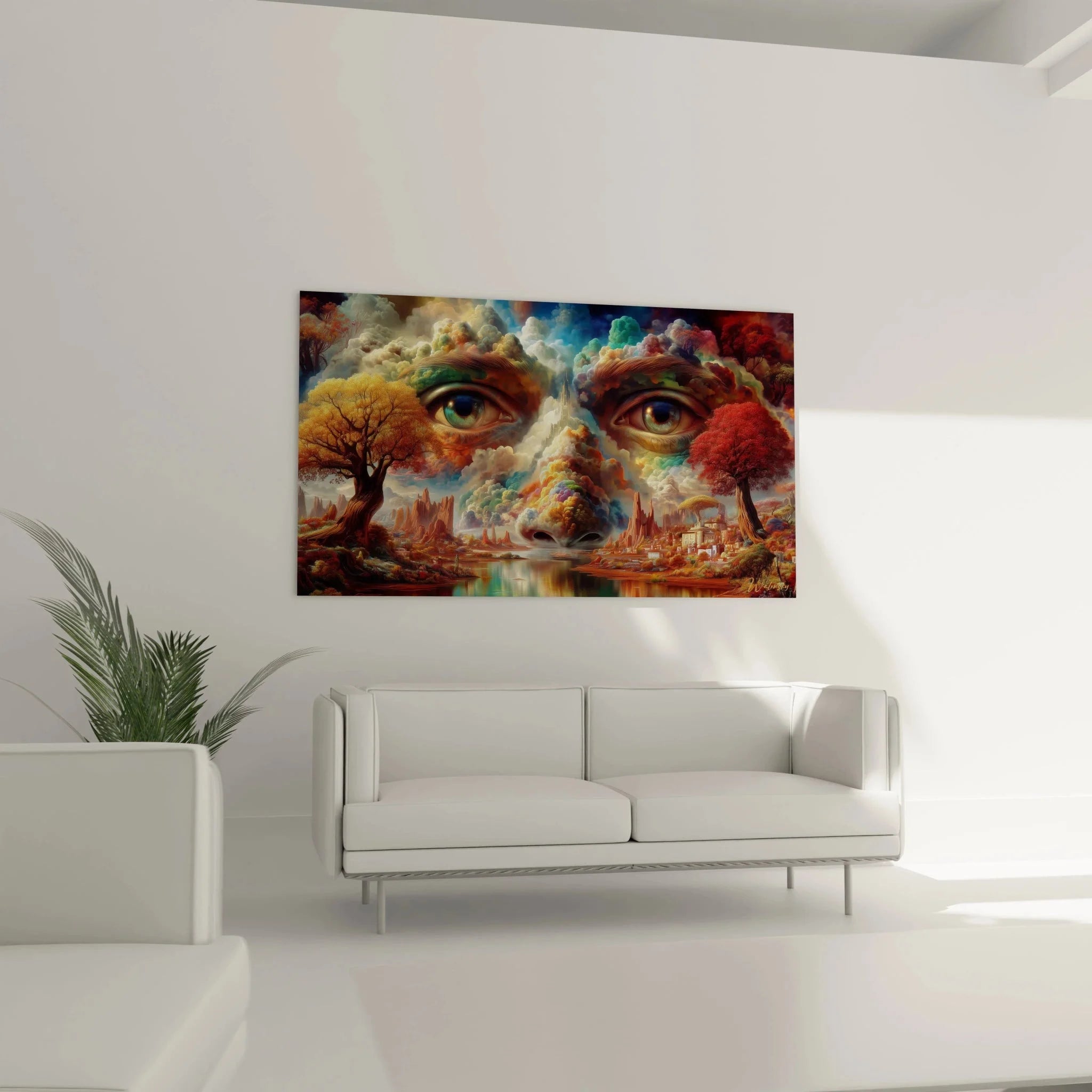 Detailansicht surreale Wandkunst mit durchdringenden Augen in farbigen Wolkenformationen