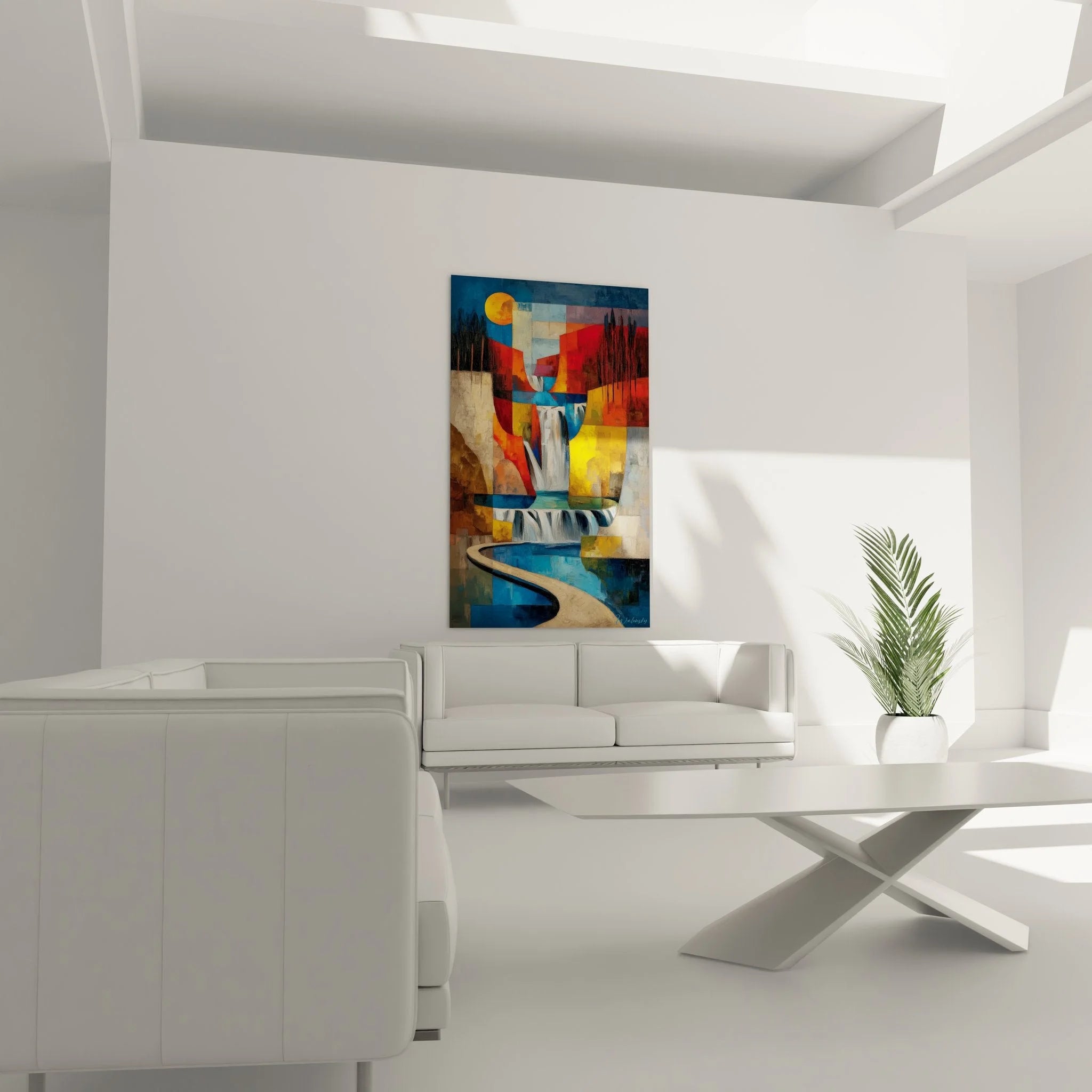 Detailansicht des abstrakten Wasserfall Wandbildes mit kaskadierenden Wasserelementen und Farbverläufen