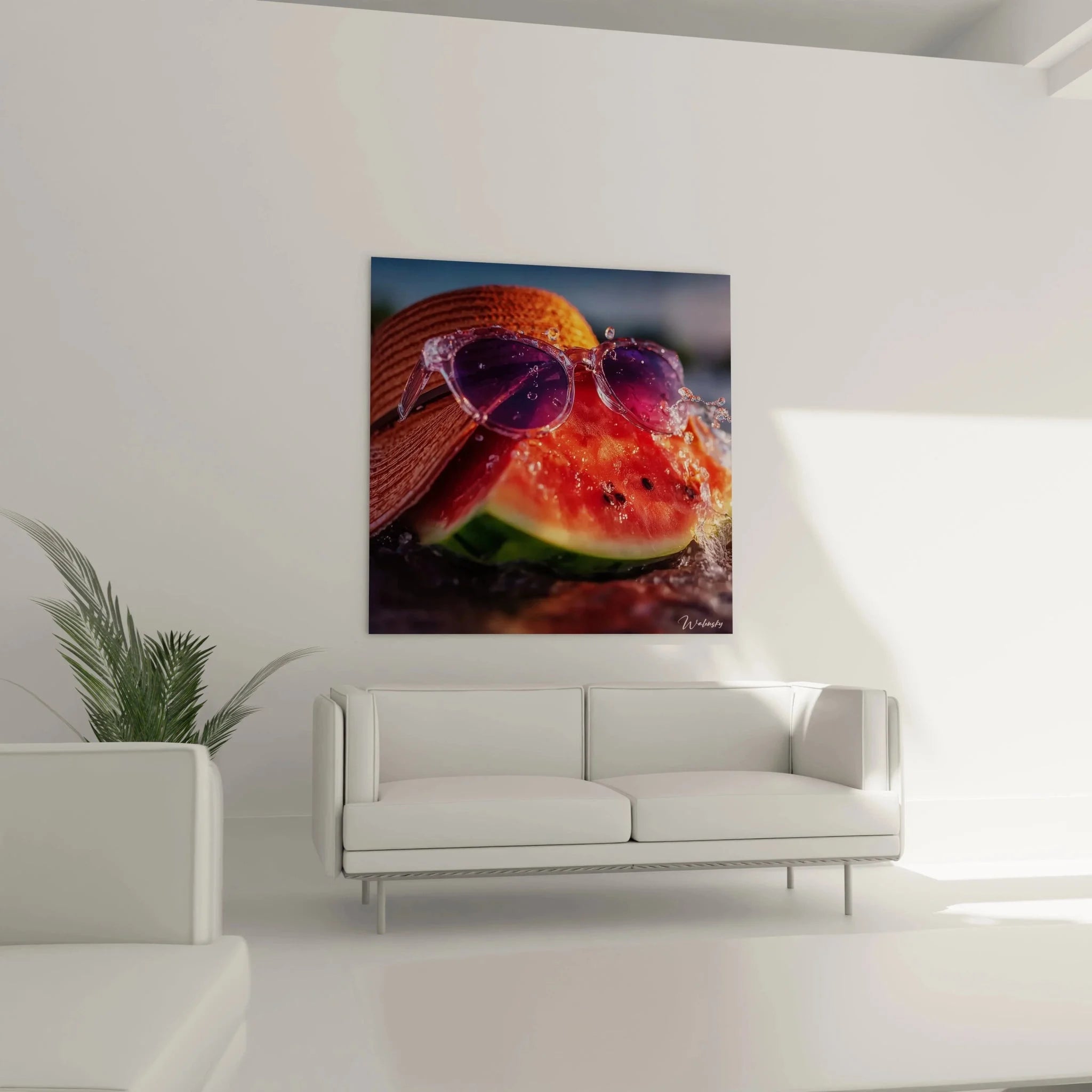 Detailaufnahme Wandbild Wassermelone mit Wassertropfen und Sonnenbrille, hochwertige Wandkunst Früchte