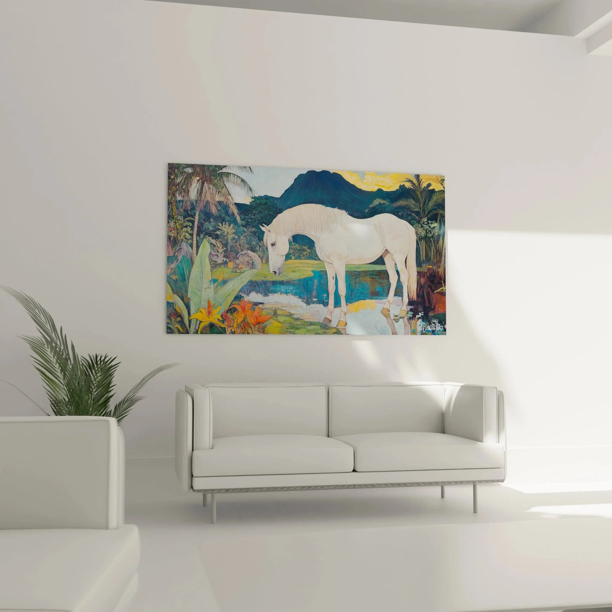 Detailansicht Wandbild weißes Pferd Wasser tropische Blüten Gauguin Kunstdruck