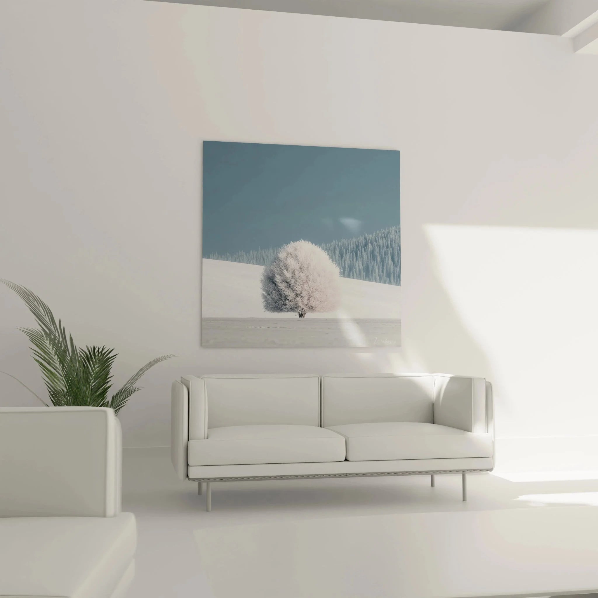 Detail Aufnahme Winterbaum Wandbild mit filigranen schneebedeckten Ästen