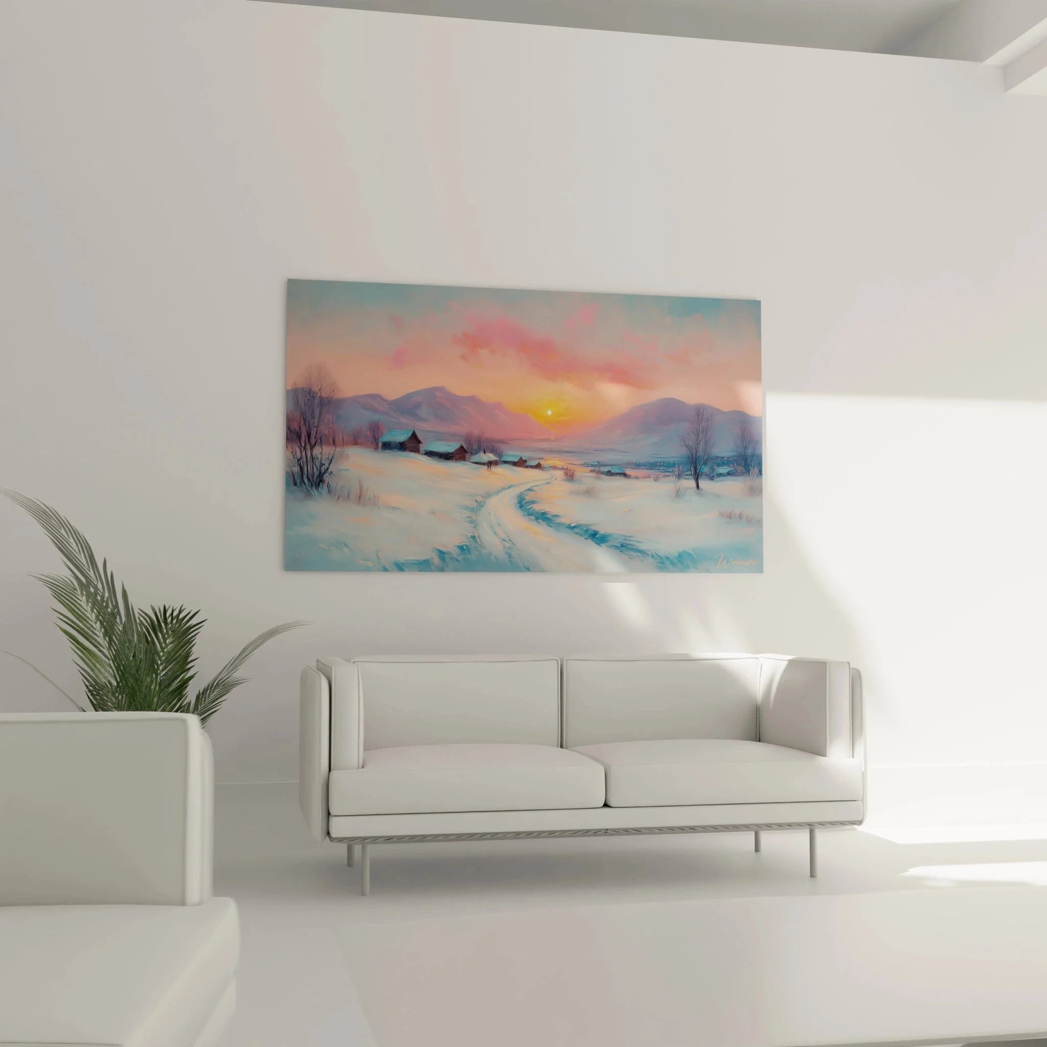 Detailansicht Winterlandschaft Kunstdruck, verschneiter Pfad und Hütten im warmen Abendlicht