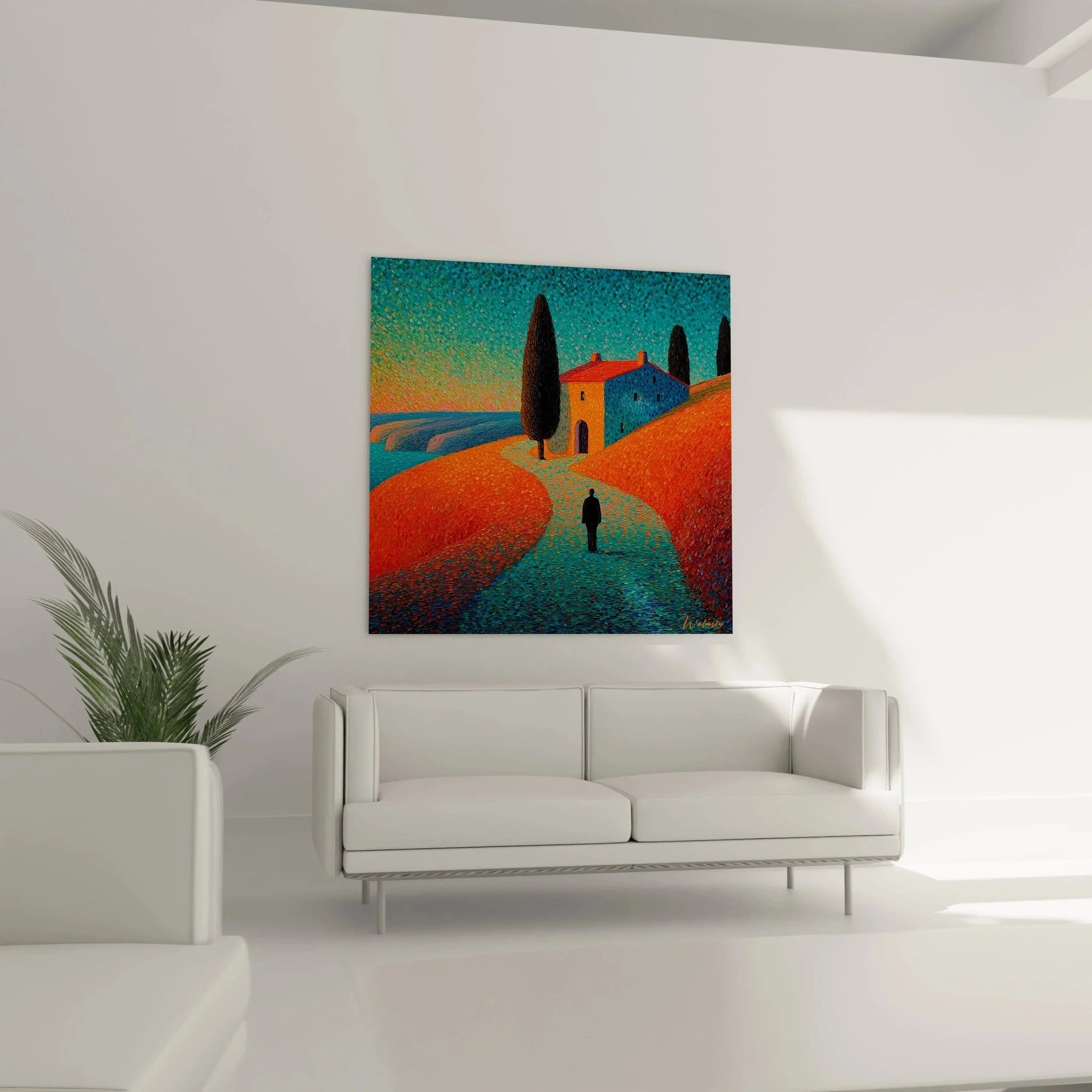 Detailansicht Pointillismus Maltechnik mediterrane Landschaft Wandbild mit charakteristischen Farbpunkten