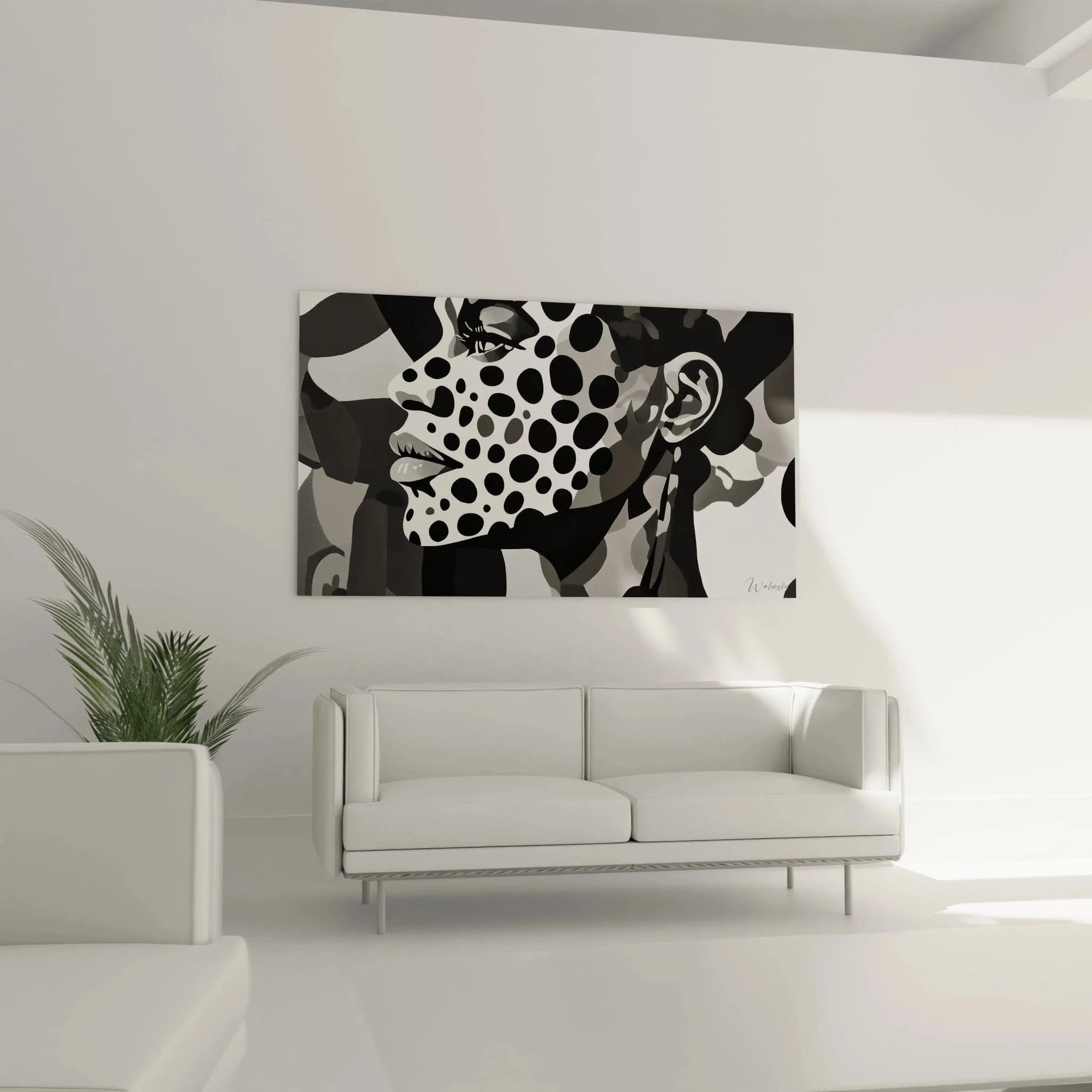 Detailansicht Pop Art Frauenporträt mit Rasterpunkten, schwarz weiß Wandbild in hoher Bildqualität