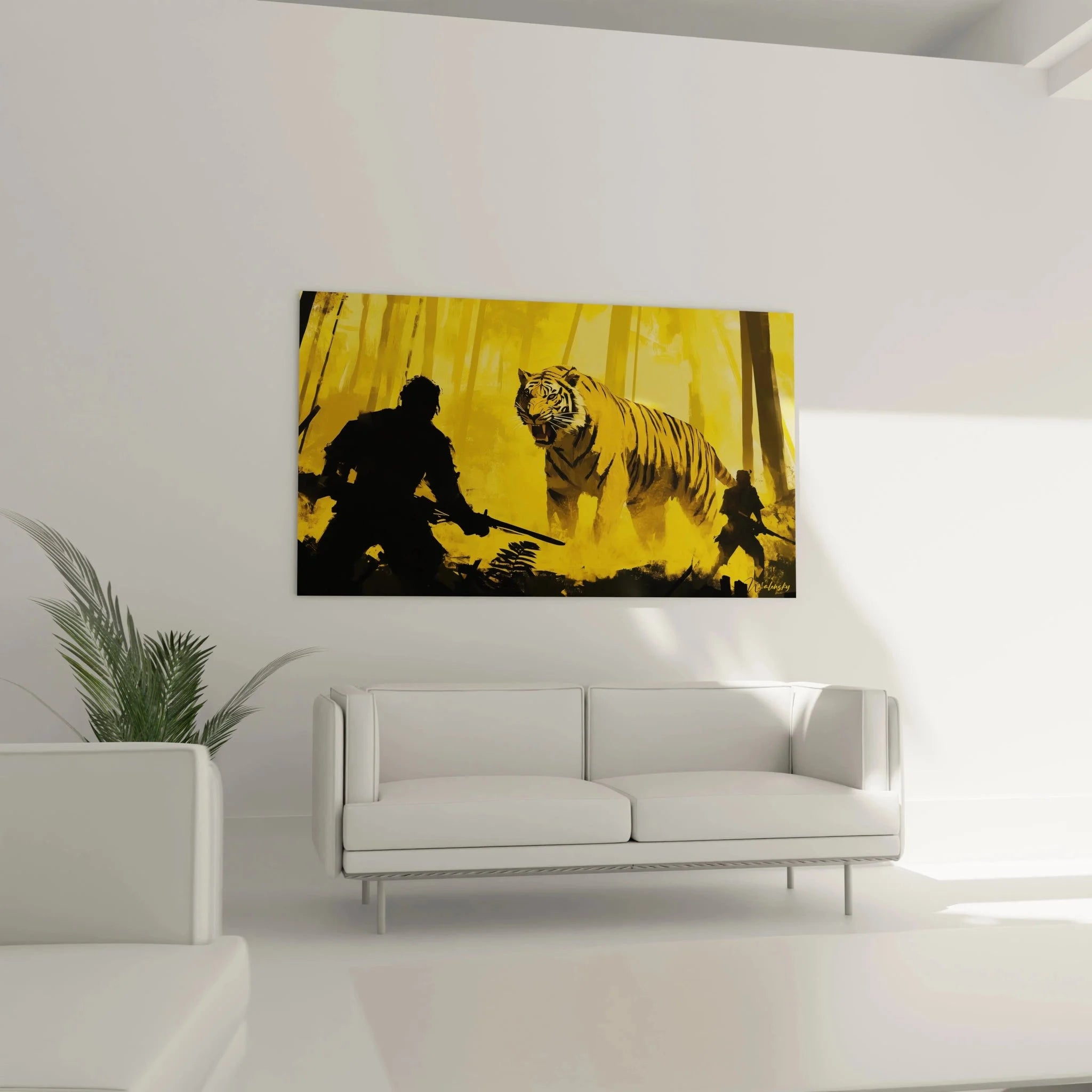 Detailansicht Tiger Wandbild Jäger Silhouette goldene Farben dramatische Wandkunst Edition Rubens
