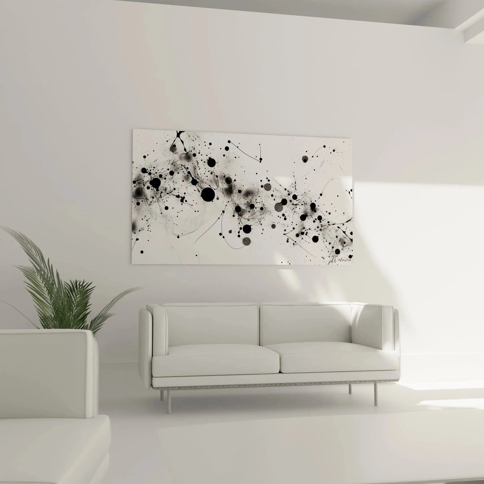 Detailansicht Wandbild abstrakt - schwarze Kreise und organische Linienstrukturen