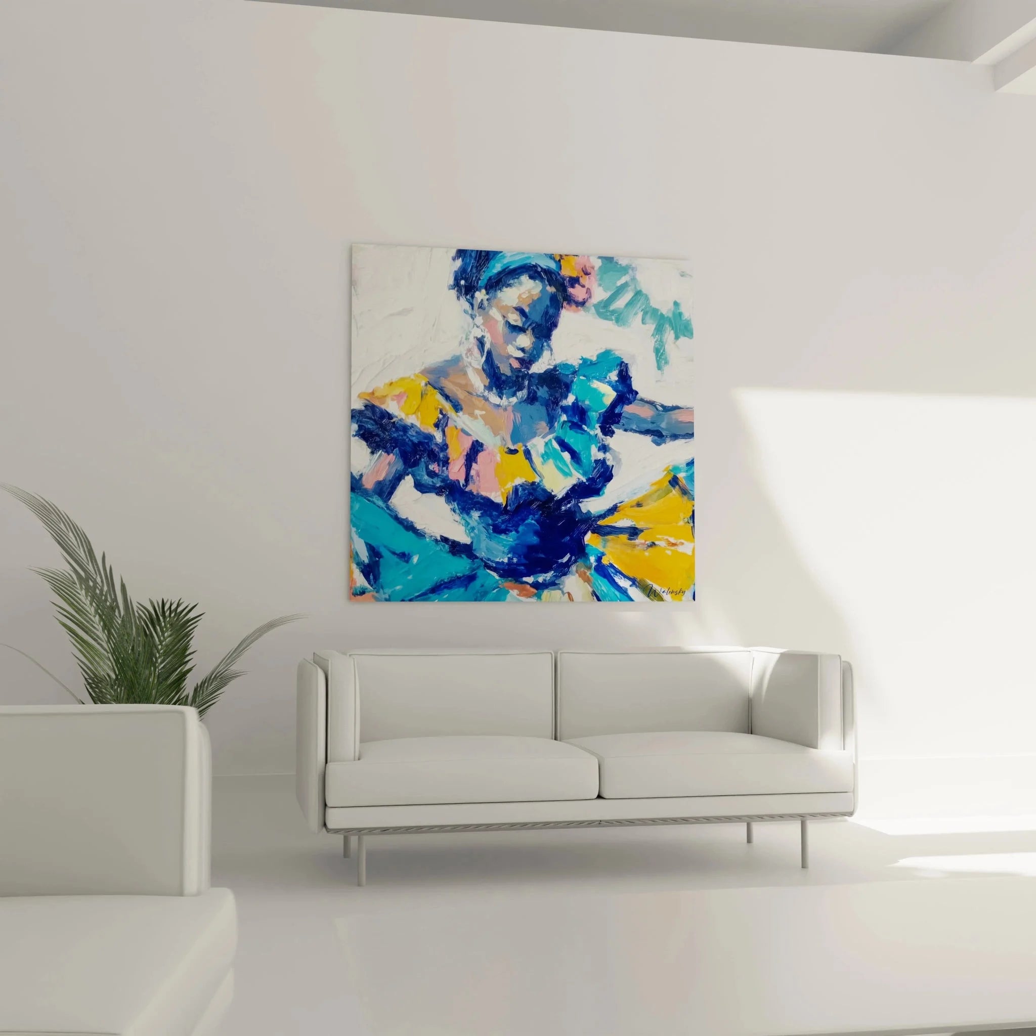 Detailansicht Wandbild afrikanische Tänzerin, expressionistische Malerei mit blauen und orangen Farbtönen