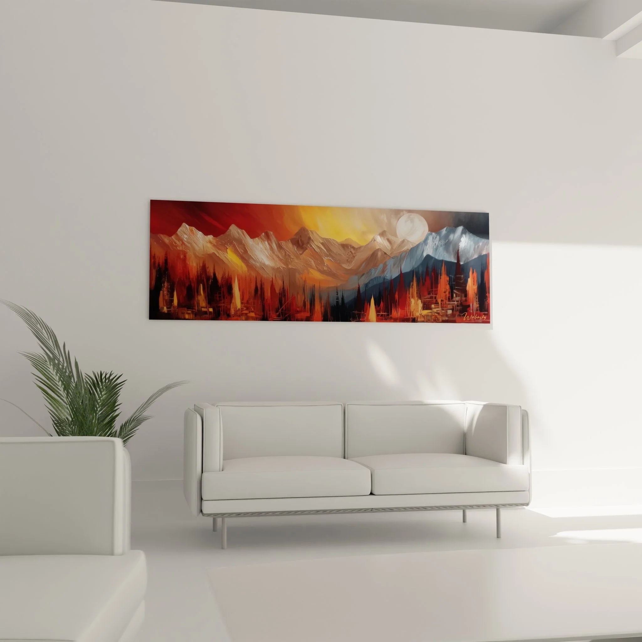 Detailansicht Wandbild Berglandschaft - Expressiver Farbverlauf und mystische Naturdarstellung