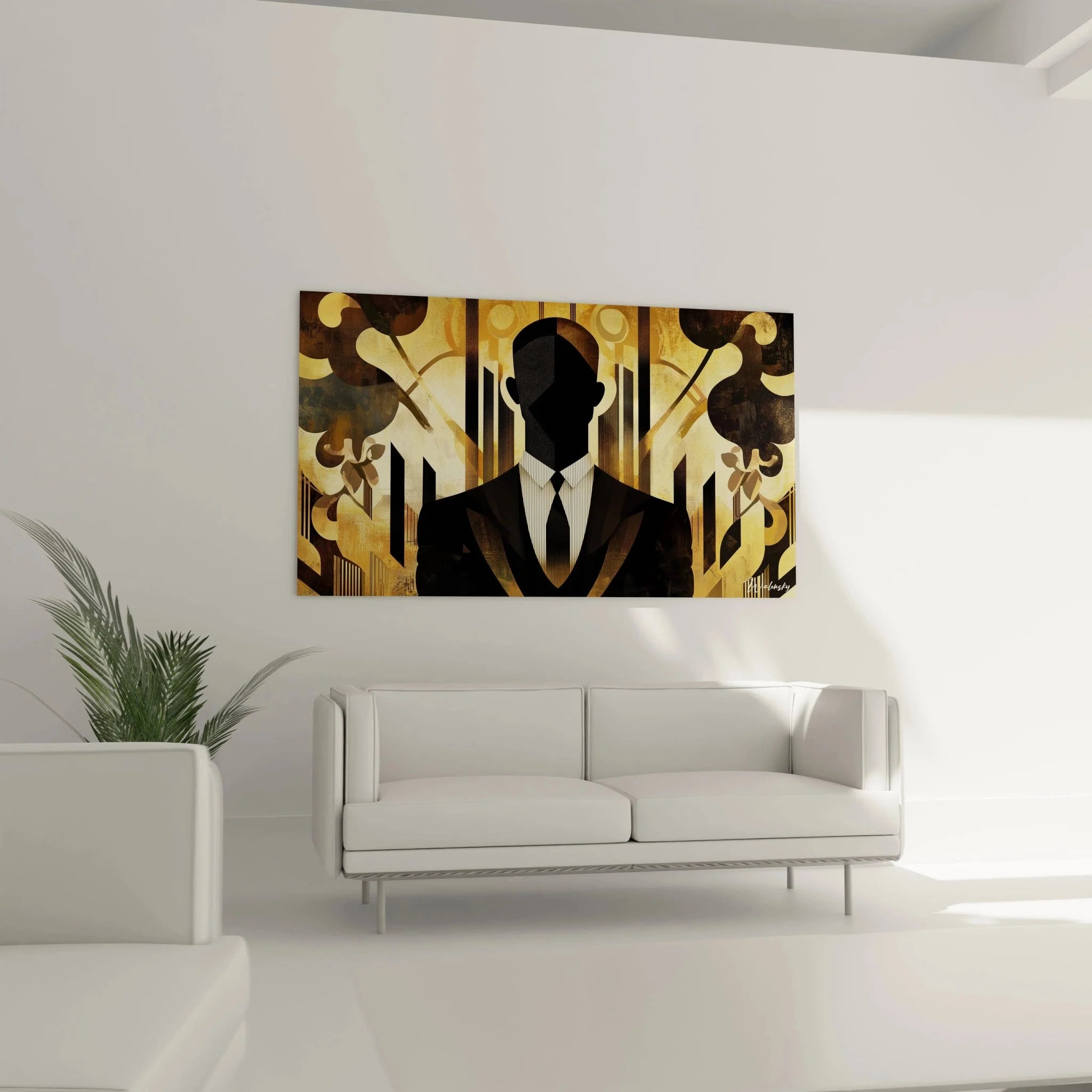 Detailansicht Wandbild Herr im Anzug - Abstrakte Kunstwerk mit goldenen Verzierungen