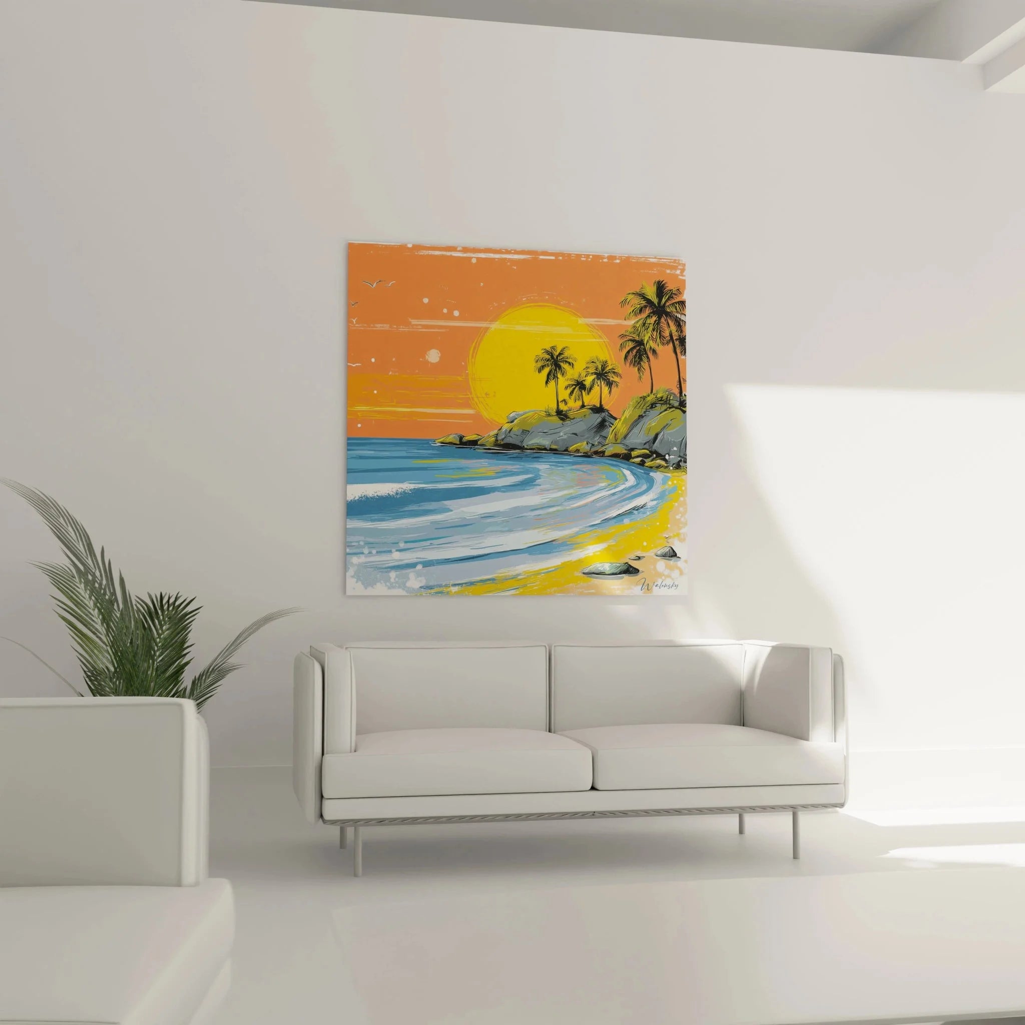 Detailansicht Wandbild Palmen Sonnenuntergang - hochwertige Sommer Leinwand Kunstdruck