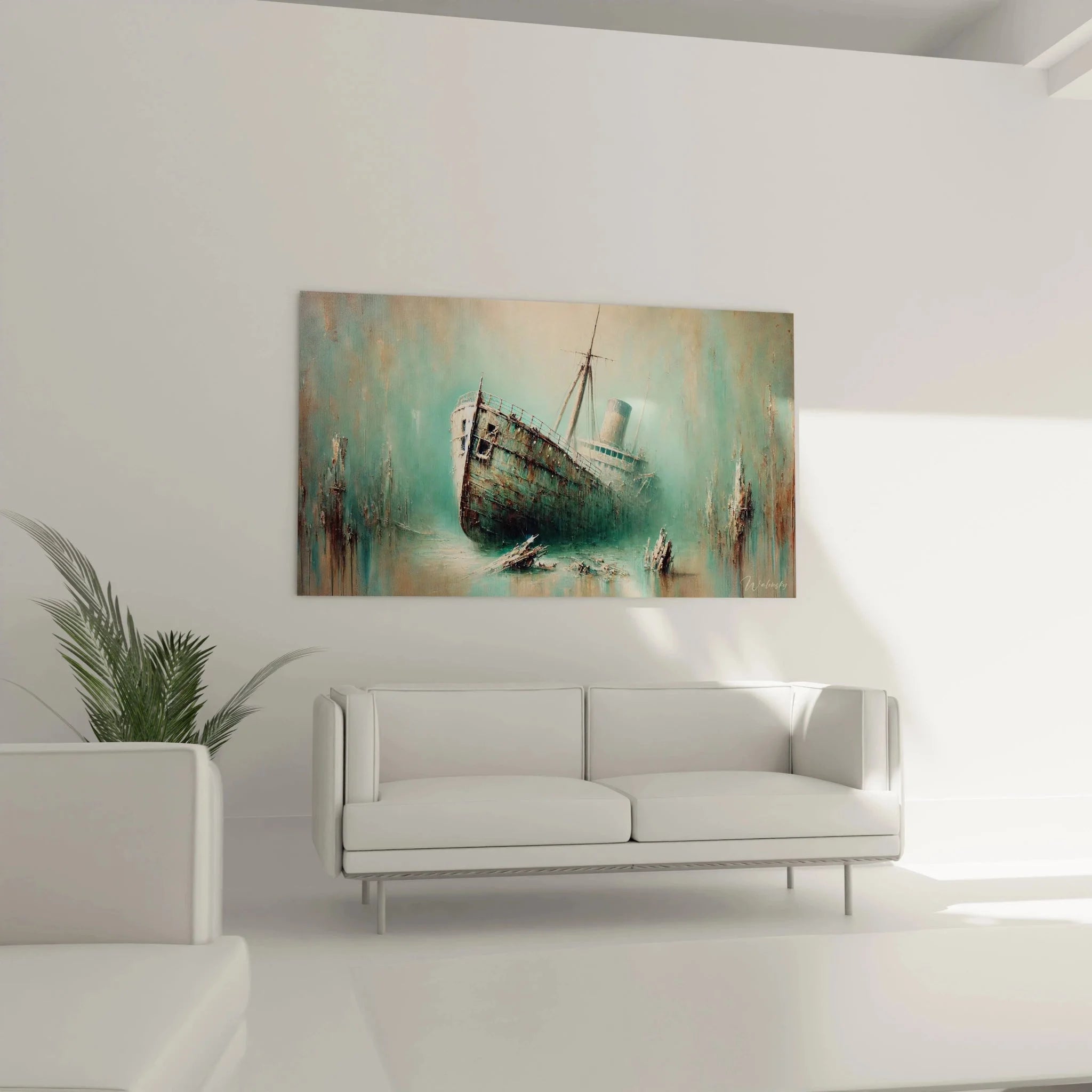 Detailansicht Wandbild Schiffswrack Dampfer mit Schornstein maritime Kunst Nahaufnahme