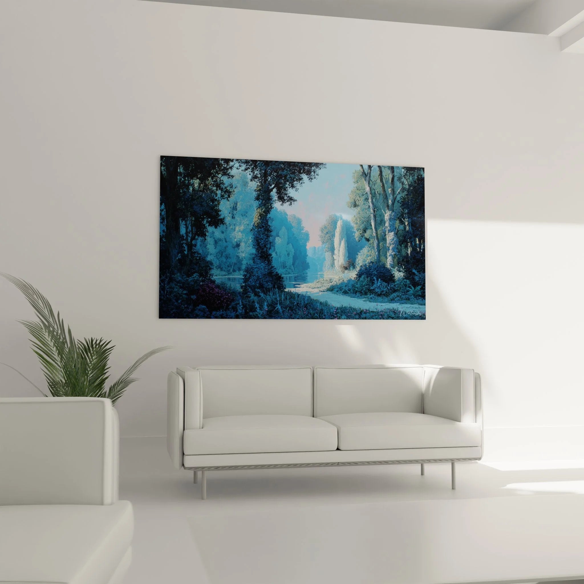 Detailansicht Wandbild Seeufer mit Mondlicht-Reflexionen, mystische Baumsilhouetten am stillen Gewässer