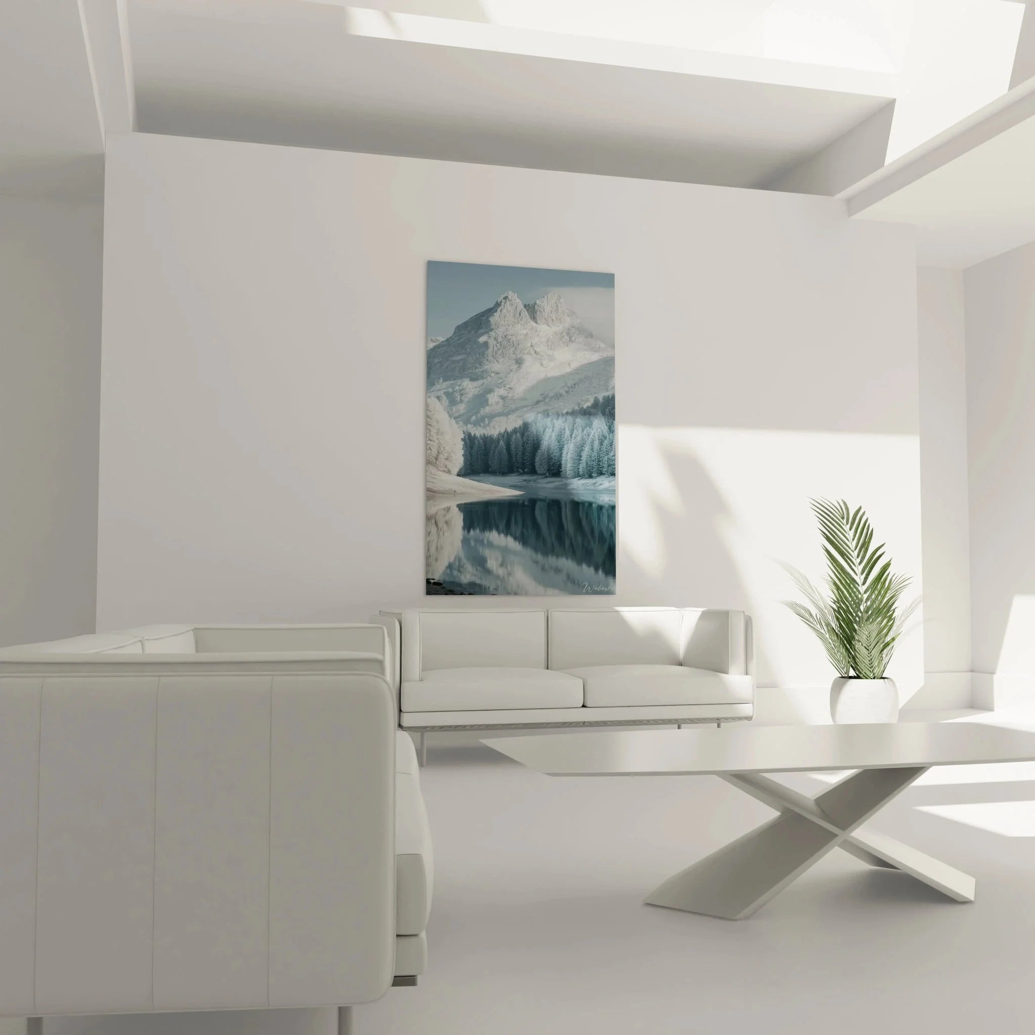 Detailansicht Wandbild Wintermotiv mit Schneeberg und kristallklarem Bergsee
