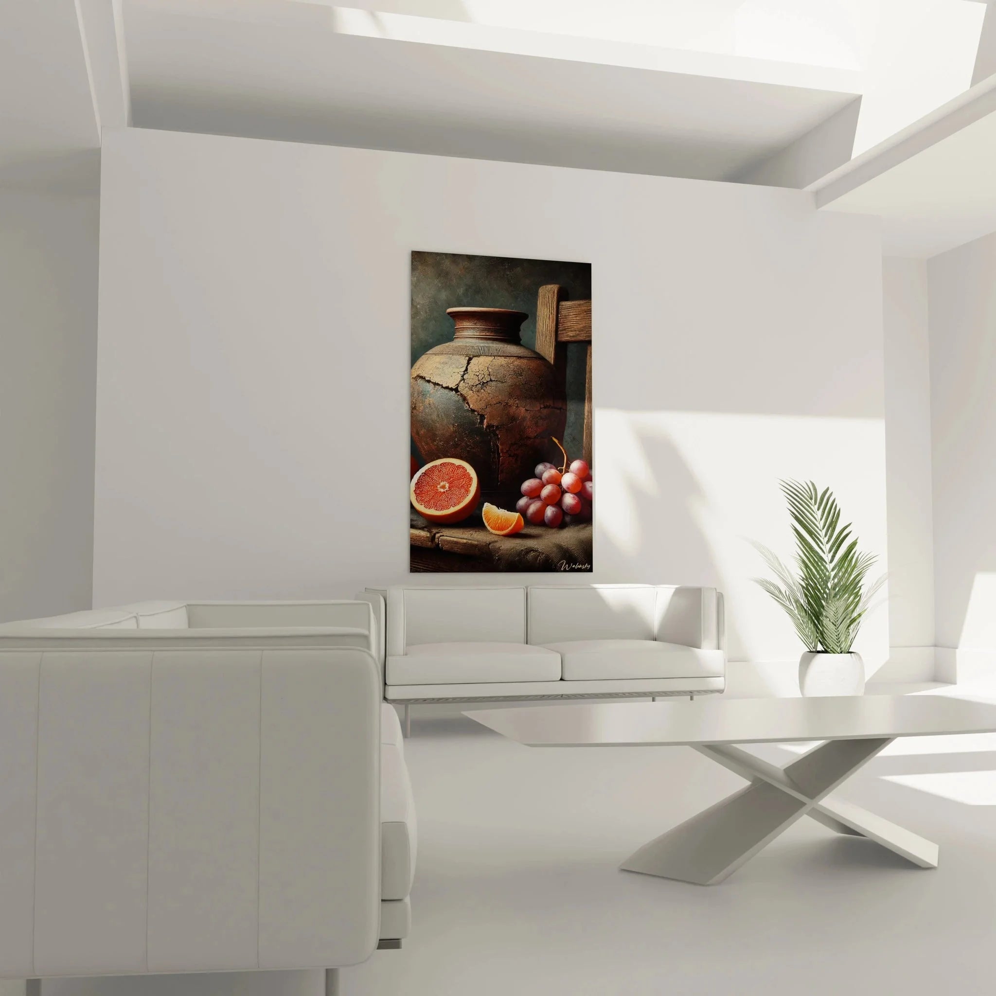 Detailaufnahme antiker Krug mit Rissen und frische Grapefruit Stillleben Wandbild