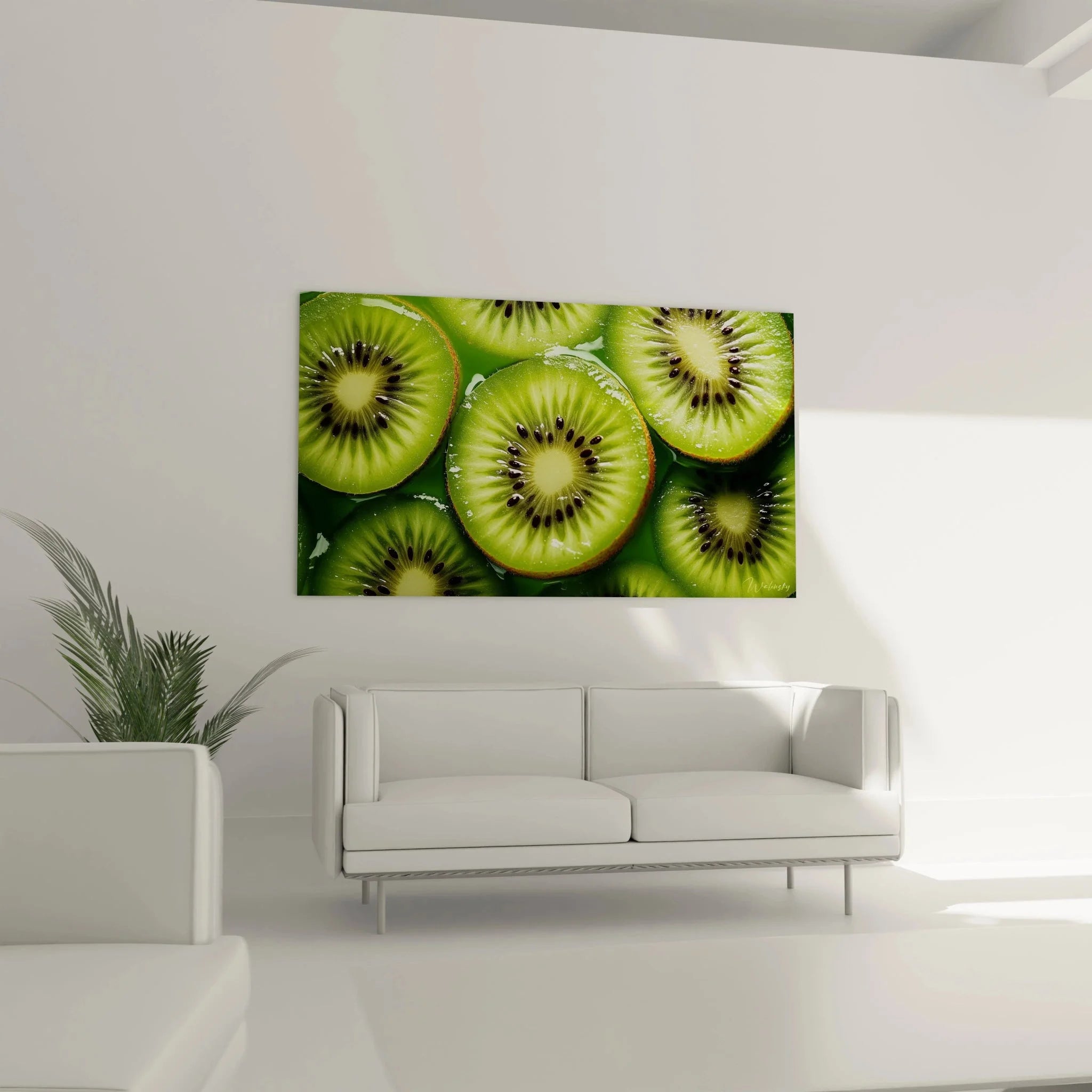 Detailaufnahme Wandbild Kiwi - saftige grüne Fruchtscheiben mit charakteristischen schwarzen Kernen
