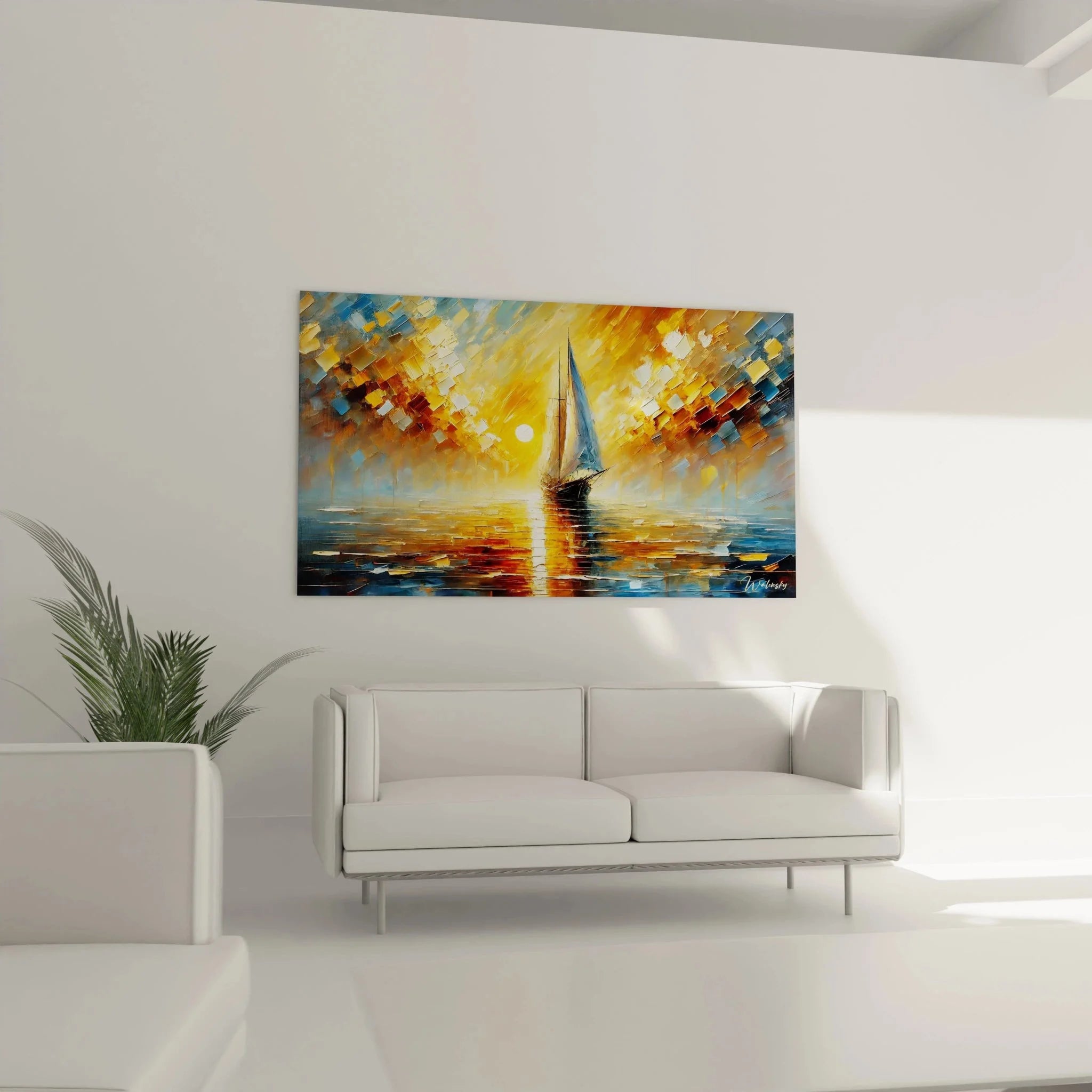 Detailaufnahme Wandbild Segelboot - Spachteltechnik und warme Farben der maritimen Kunst im Fokus