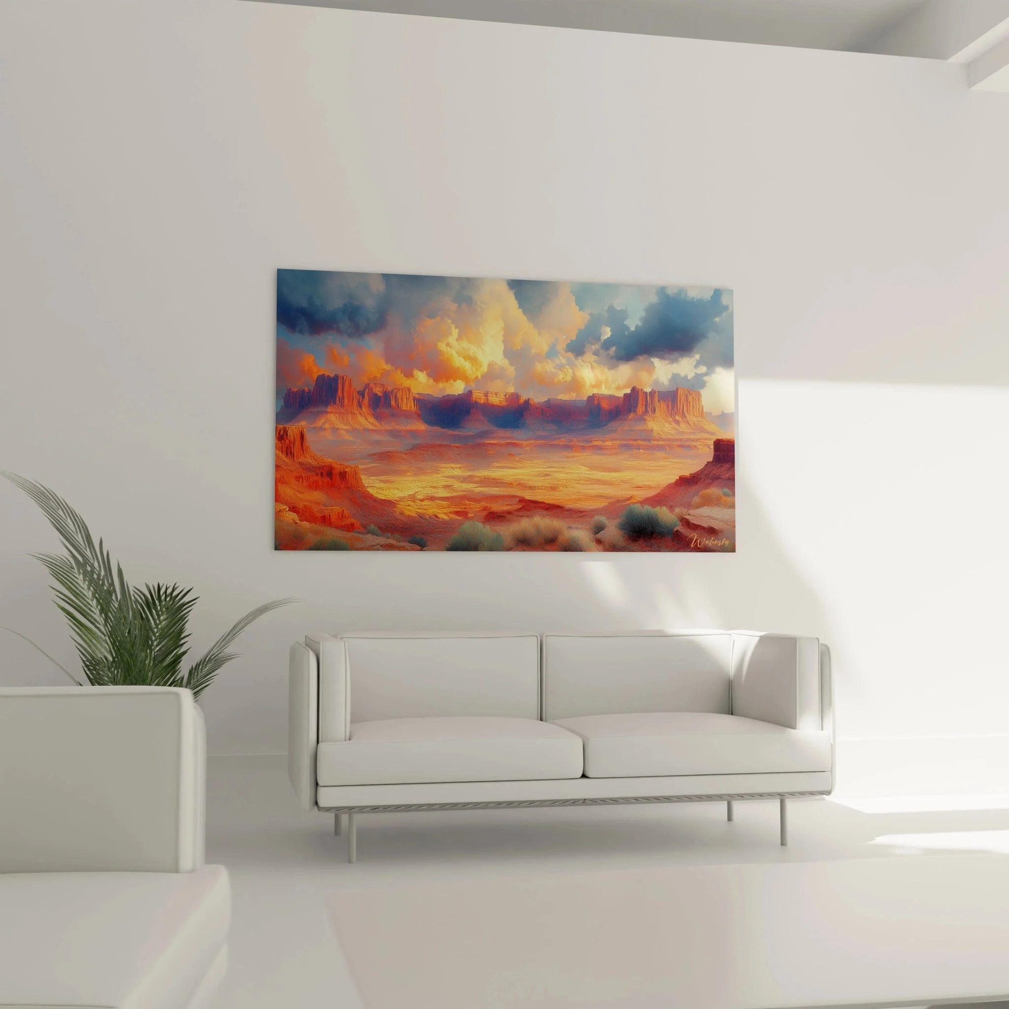 Detailaufnahme Wandbild Wüste zeigt rote Sandsteinformationen und dramatische Wolkenbildung XXL