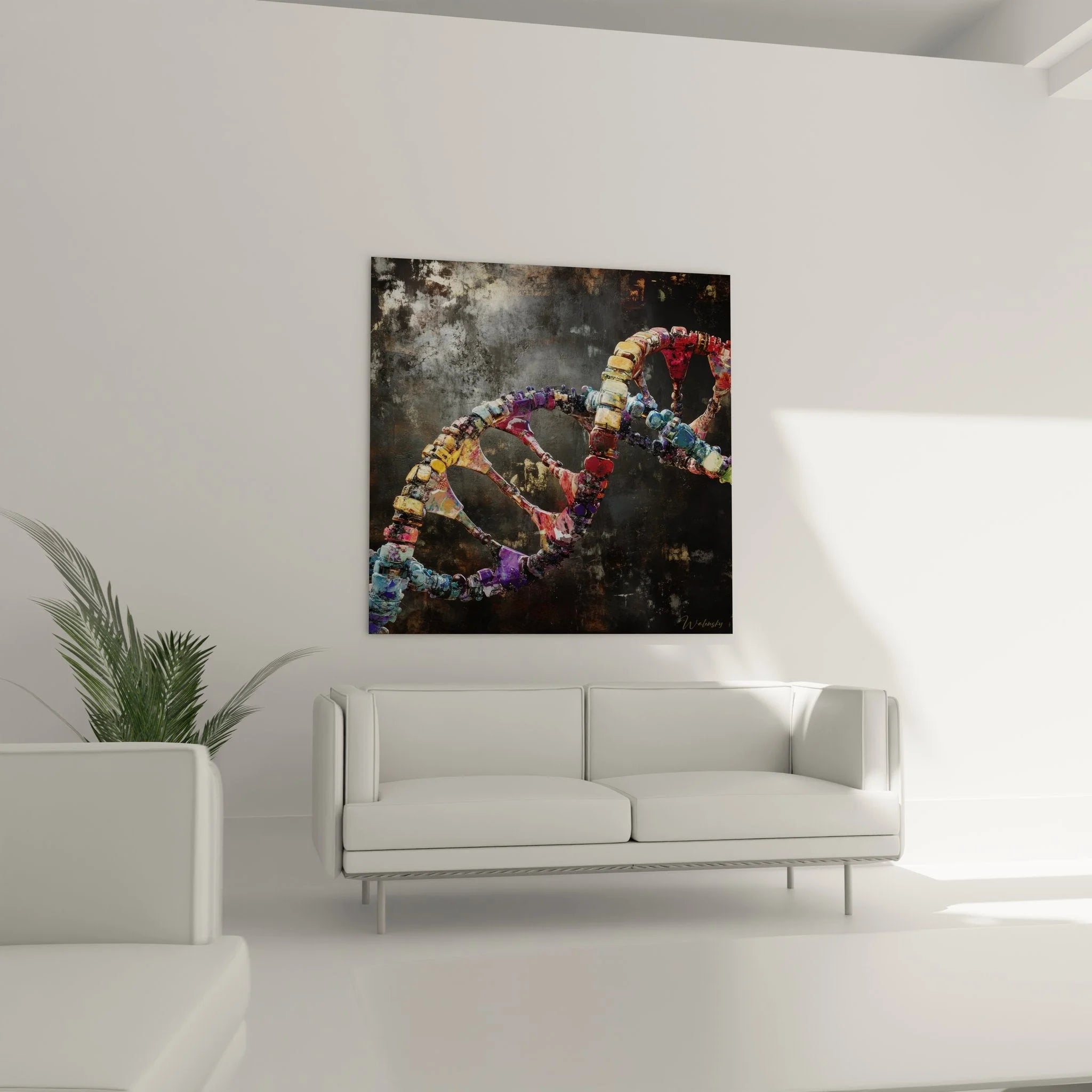 Detailaufnahme DNA-Molekül Wandbild mit bunten Mosaiksteinen und genetischer Spiralstruktur