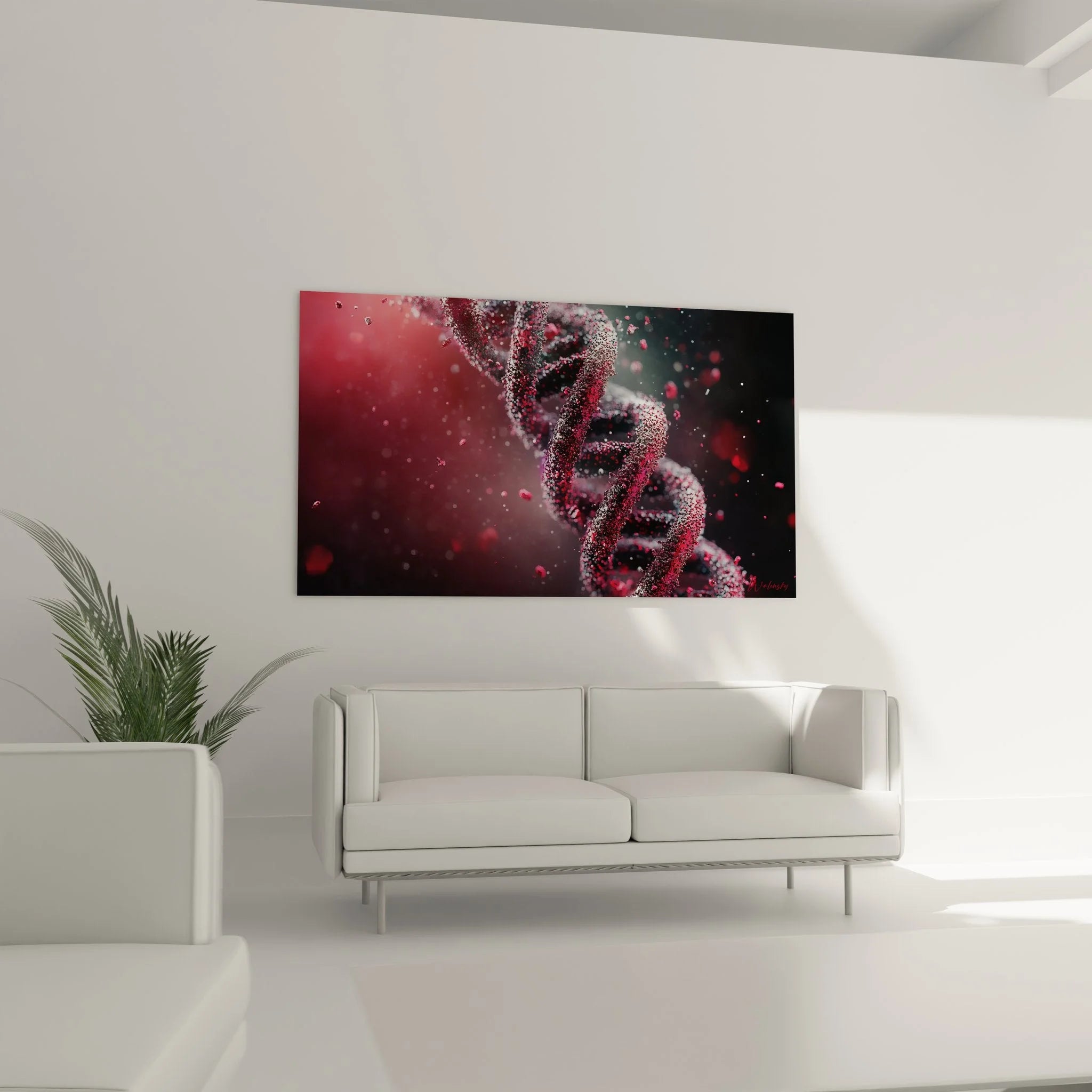 Detailansicht DNA Spiralstruktur mit schimmernden Partikeln - Hochauflösende Molekularkunst