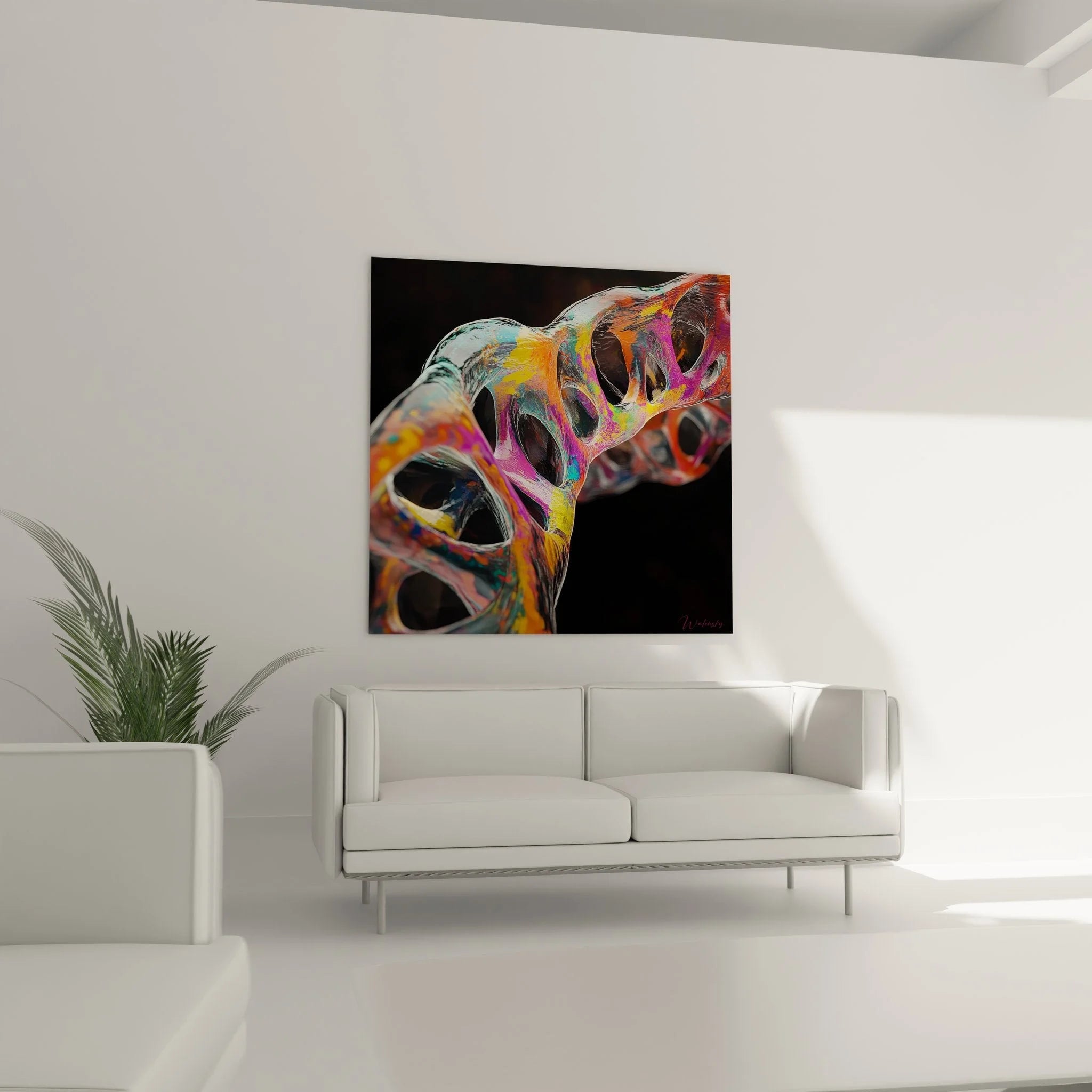 Detailaufnahme DNA-Struktur Wandbild, bunte spiralförmige Genetik-Kunst mit leuchtenden Farben