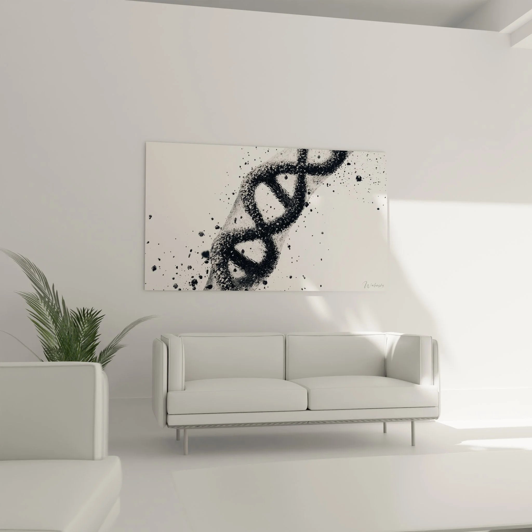 Detailaufnahme DNA Helix Wandbild - genetische Struktur Kunst mit Texturen und Spritzer Effekten