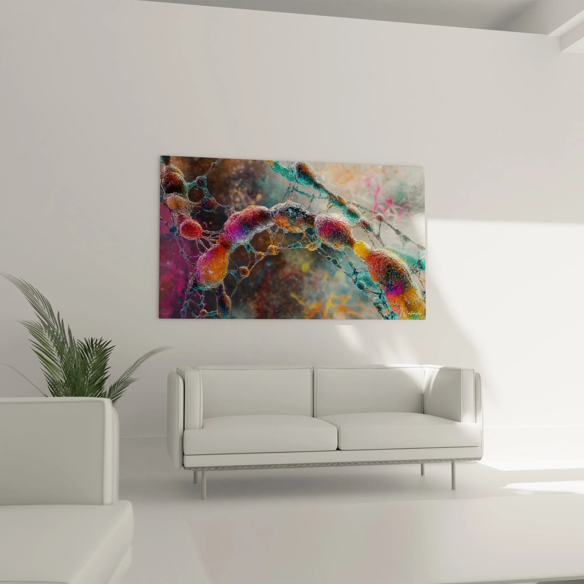 Detailansicht DNA Struktur Wandkunst mit komplexen molekularen Verbindungen und Farbverläufen