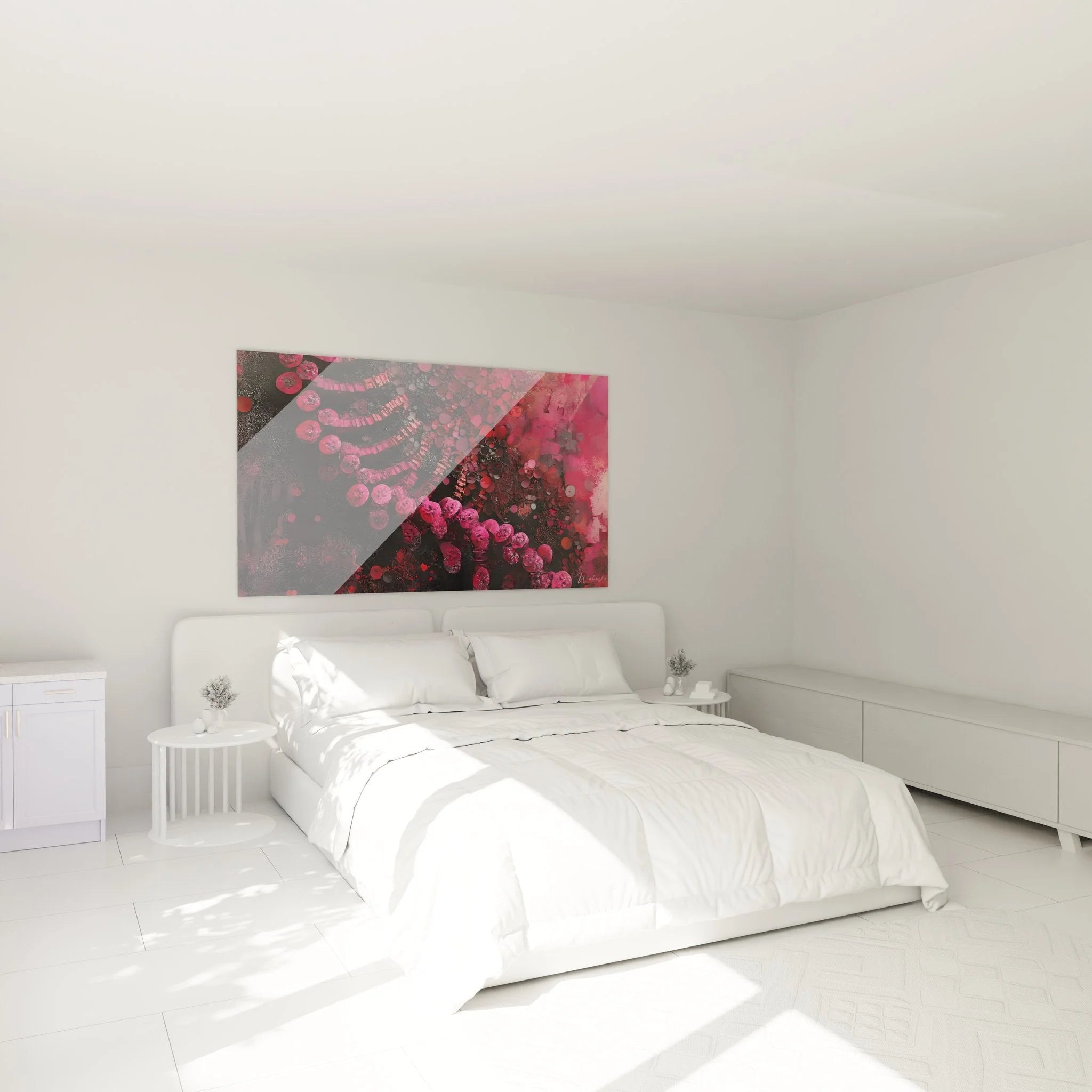 DNA Spirale Wandbild in modernem Schlafzimmer Ambiente mit pinken molekularen Elementen