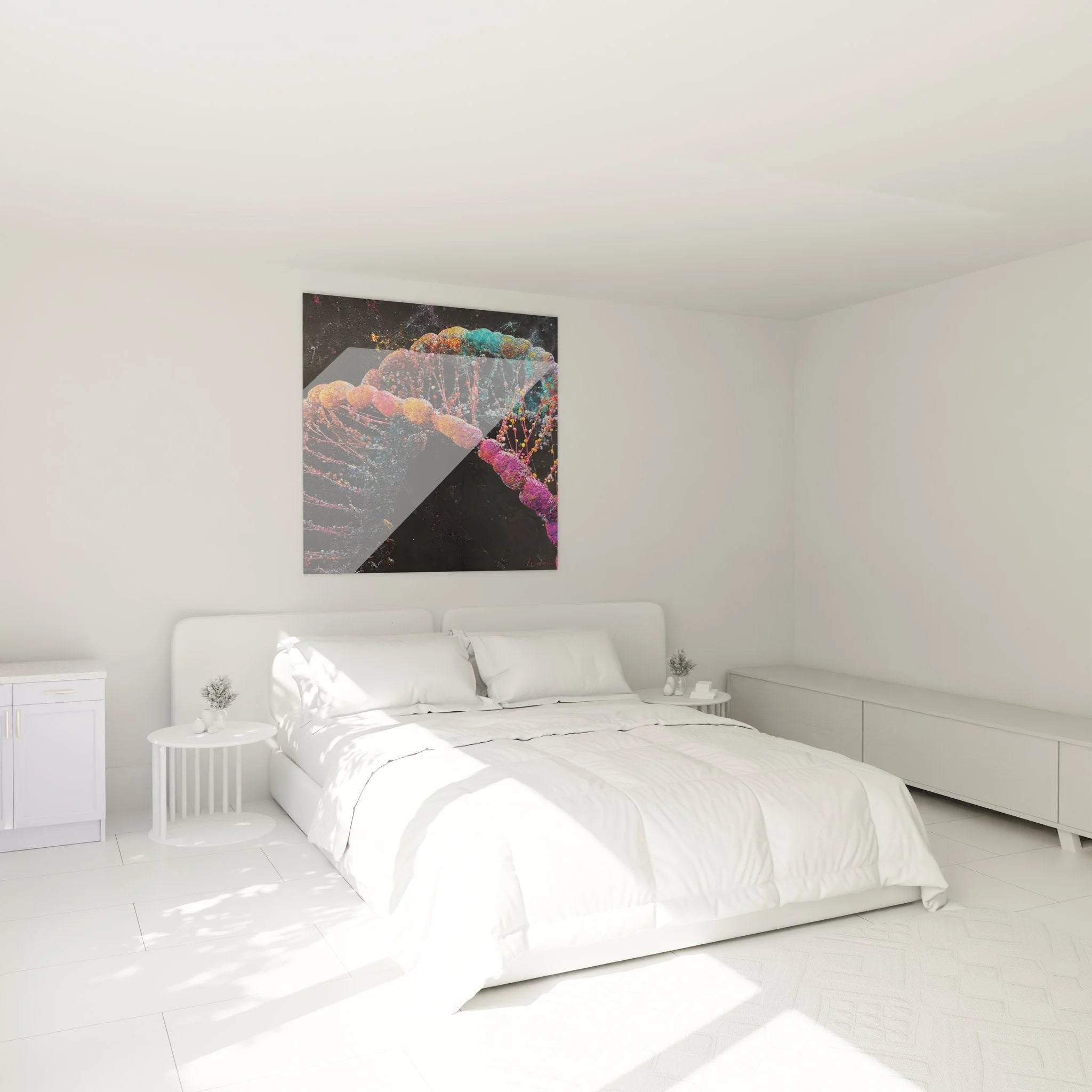 DNA Wandbild im Schlafzimmer, leuchtende Doppelhelix Kunst als moderne Raumdekoration