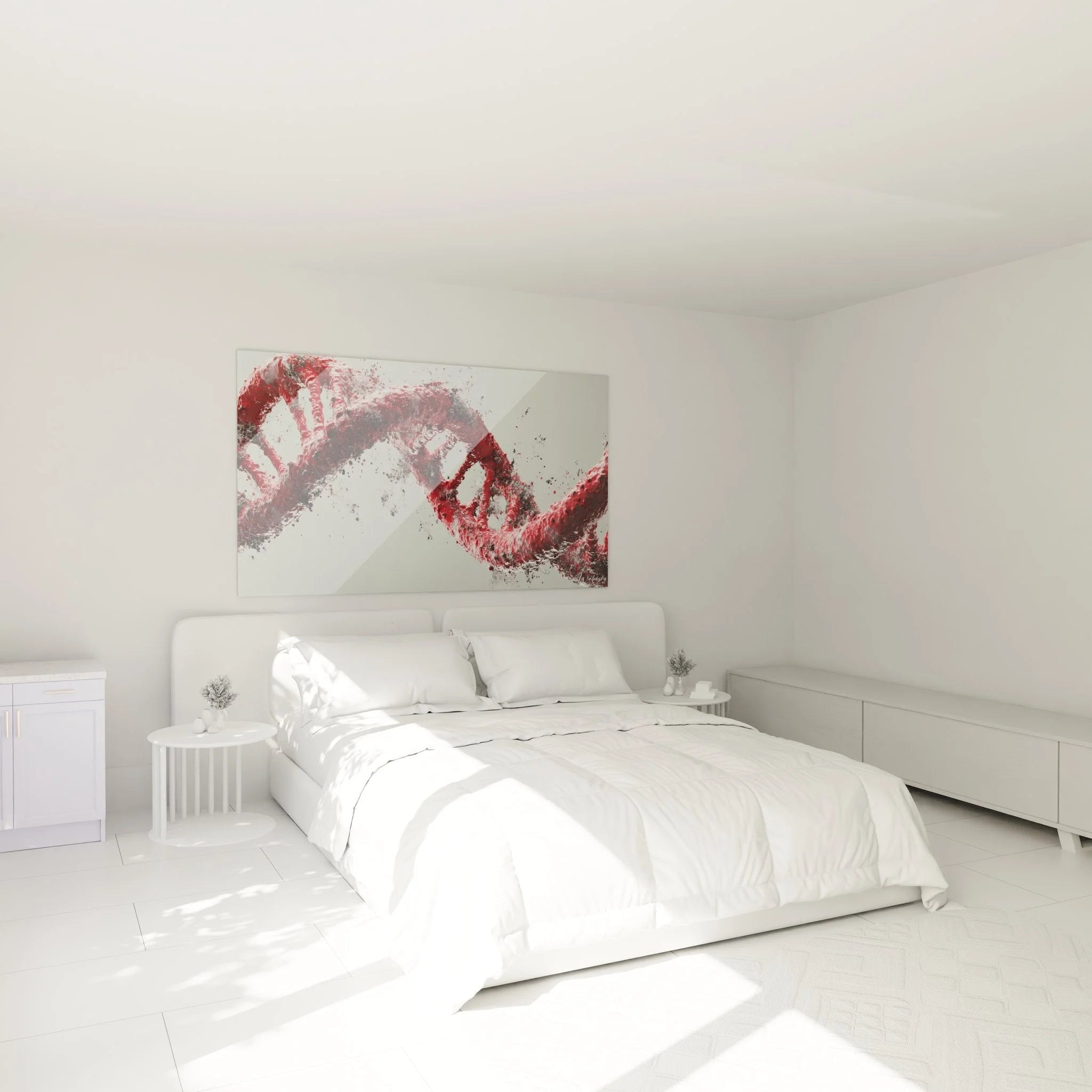 DNA Wandbild Doppelhelix im Schlafzimmer - Wissenschaftliche Wanddekoration in Rot