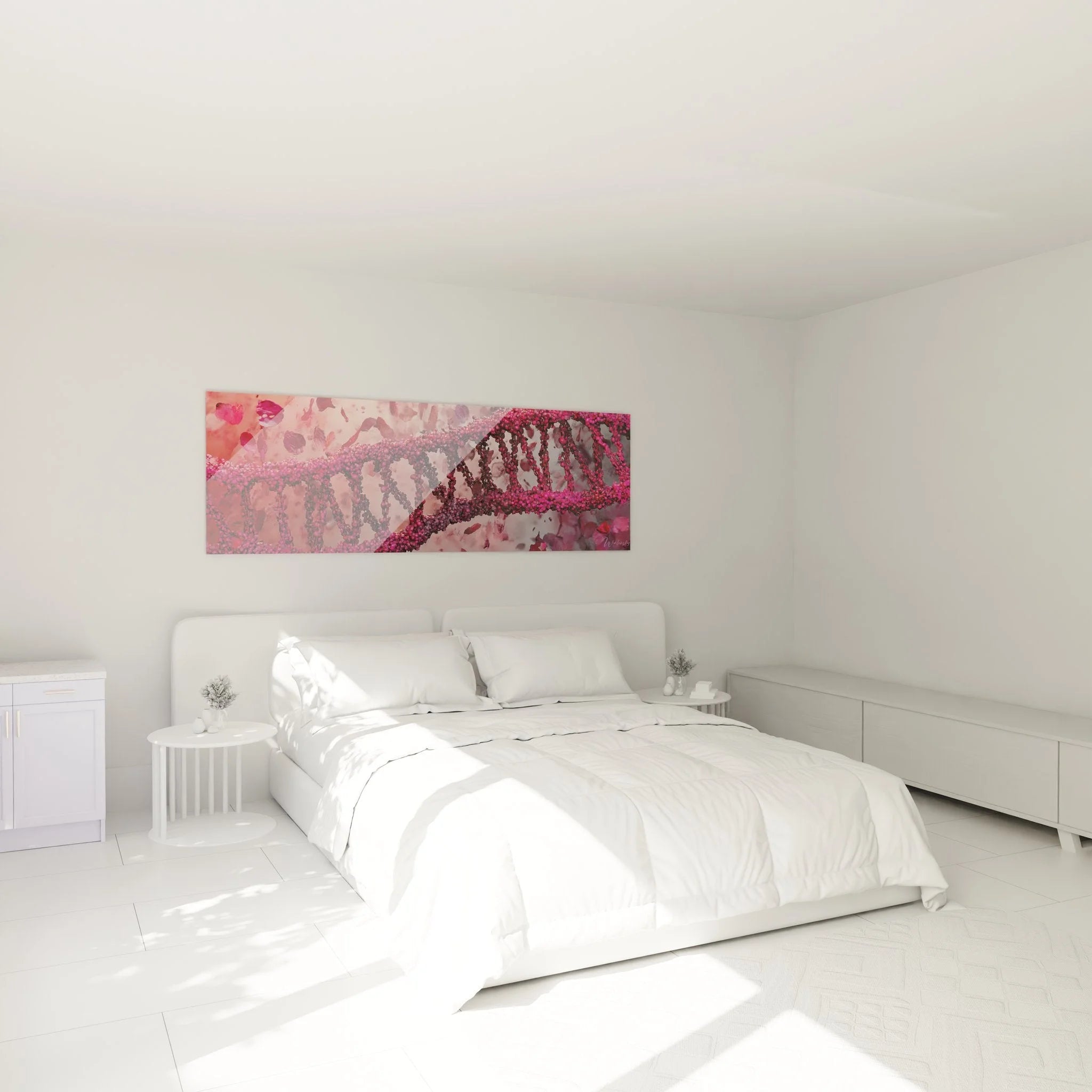 DNA Wandbild rosa im Schlafzimmer, Doppelhelix Kunstdruck als stilvolle Wanddekoration