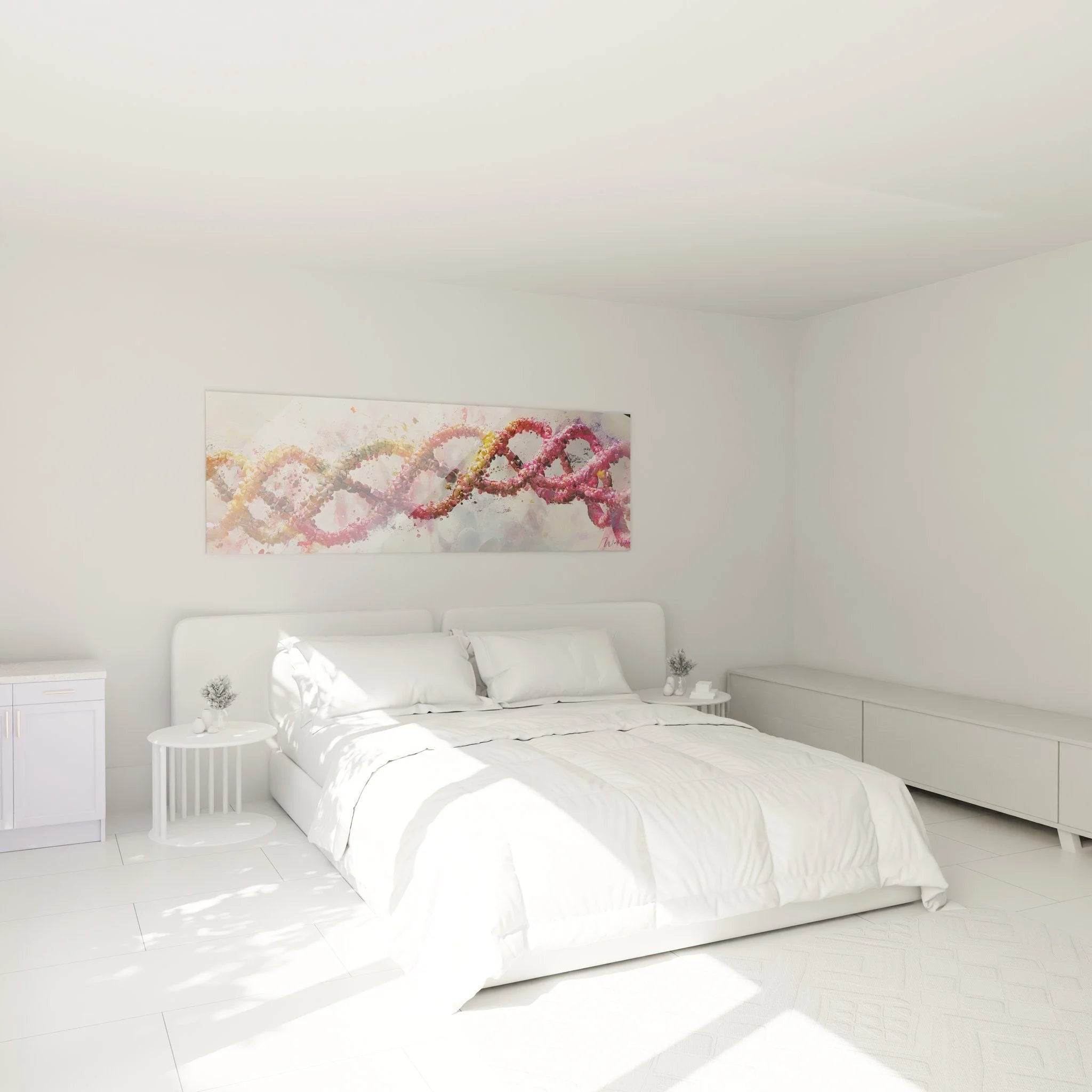 DNA Doppelhelix Wandbild XXL in Schlafzimmer Ambiente - genetische Kunst als Wanddekoration