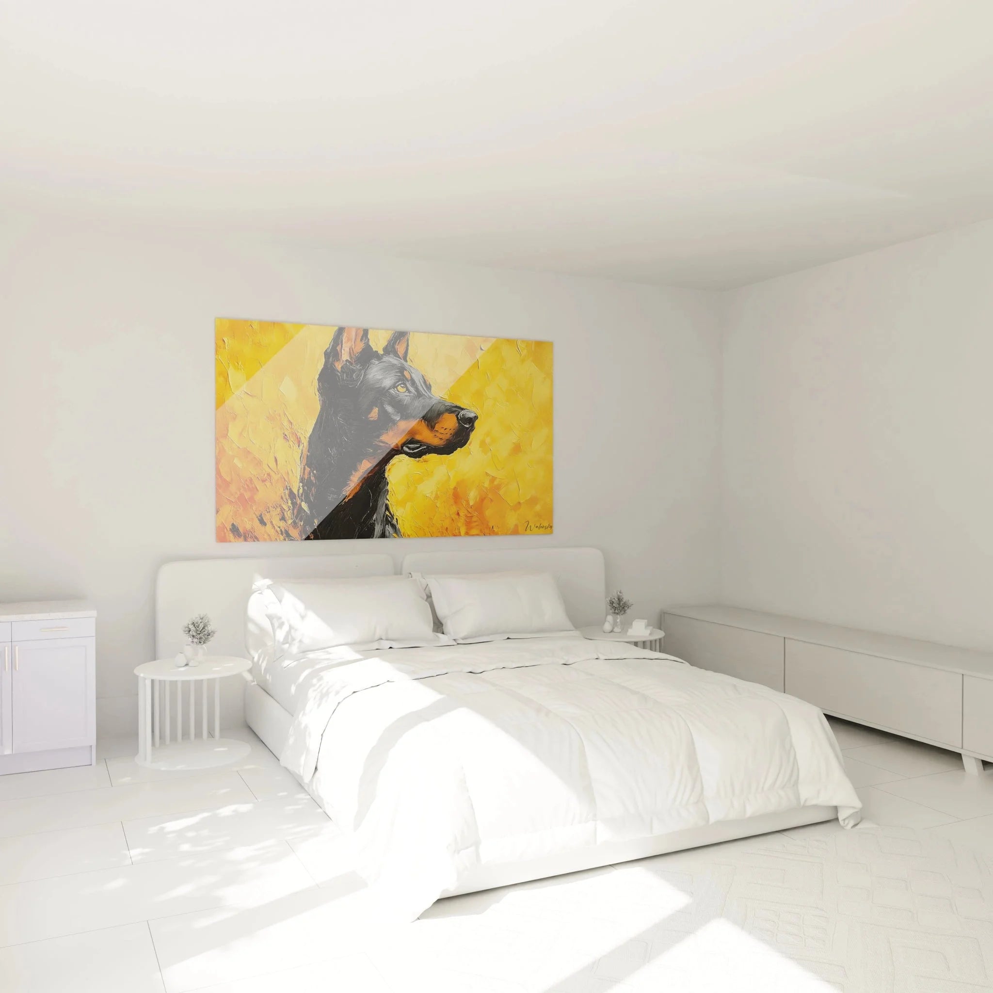 Dobermann Wandbild XXL als Schlafzimmer Dekoration mit warmen Goldtönen - moderne Hundekunst Leinwand