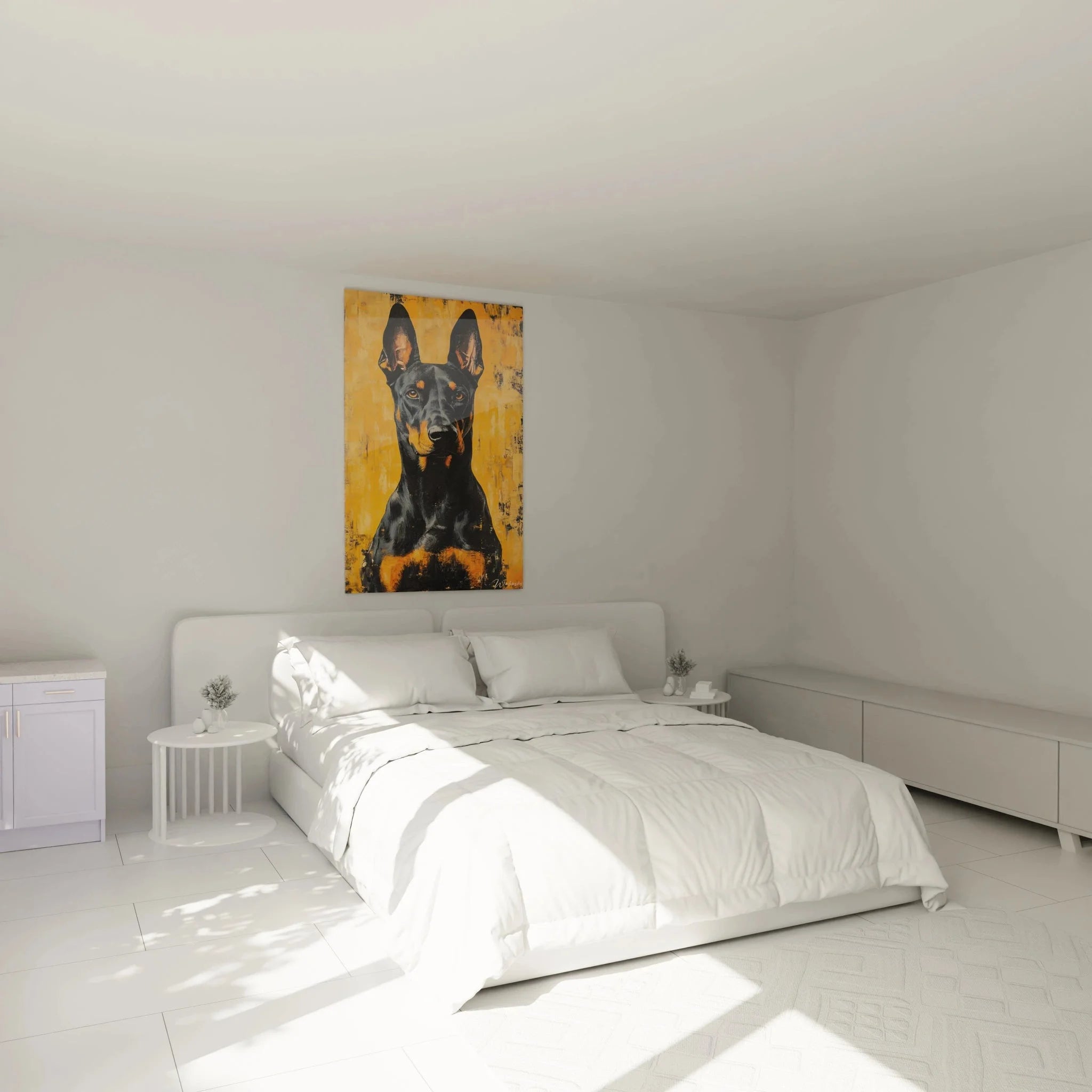 Dobermann Wandbild XXL in modernem Schlafzimmer über Bett - Hundekunst Wohndekoration