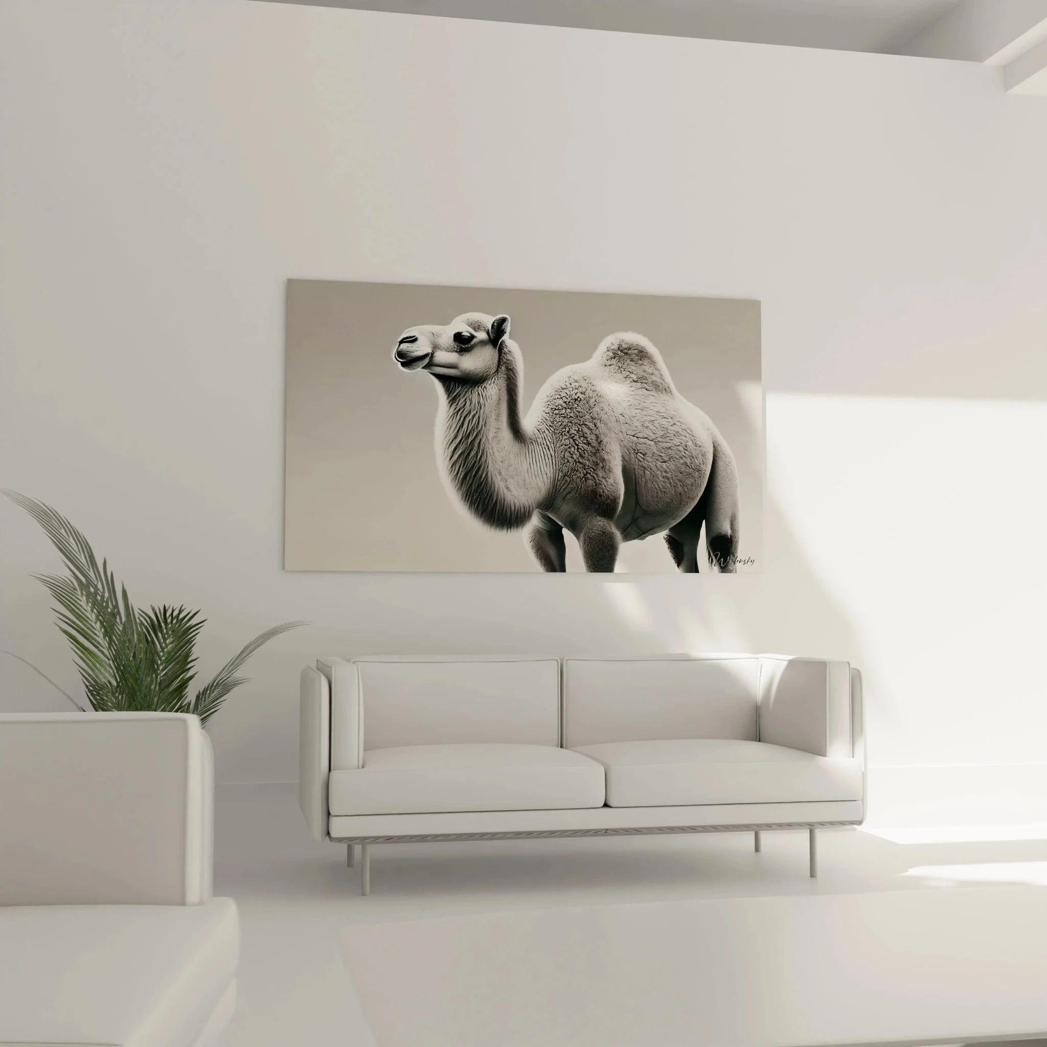 Dromedar Wandbild Detailansicht - Hochwertige schwarz-weiß Tierfotografie Kamel Kunstdruck