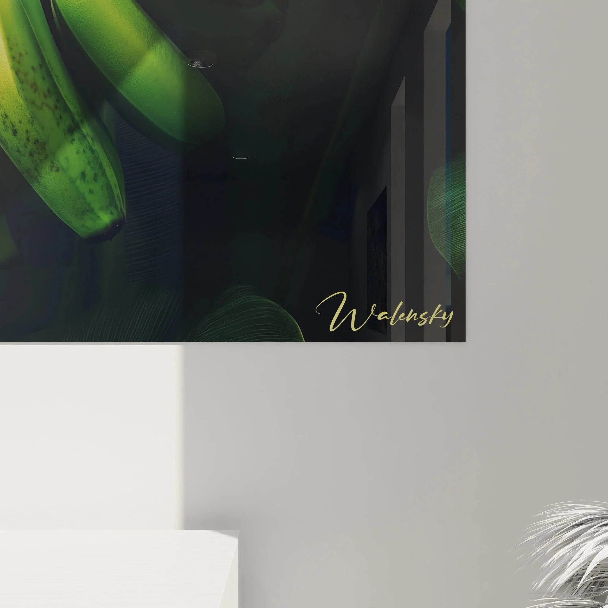 Gesamtansicht Dschungel Wandbild XXL mit grünen Bananen und üppigen tropischen Bananenblättern