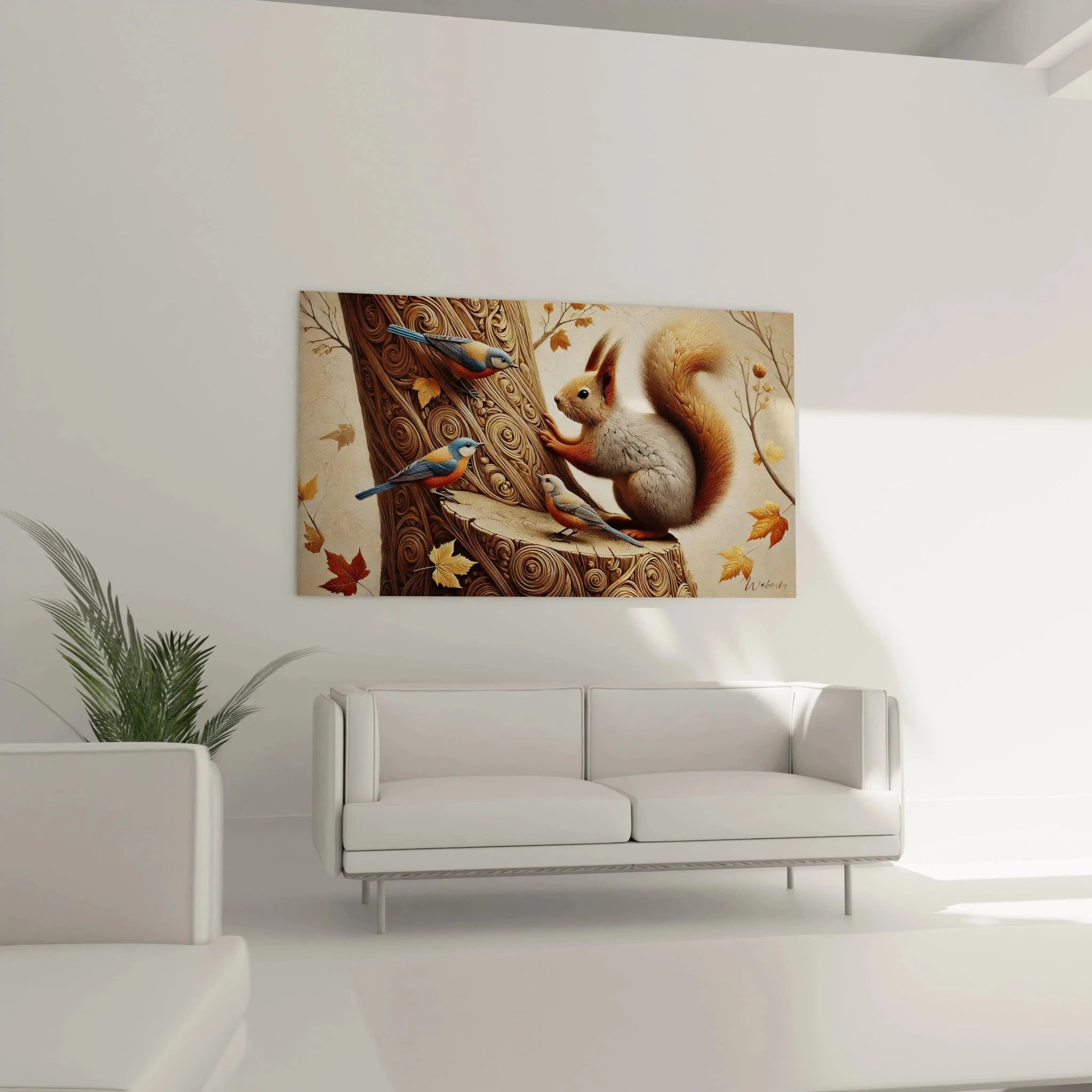 Detailansicht Eichhörnchen Kunstdruck, realistische Darstellung mit Vögeln und Holzmaserung